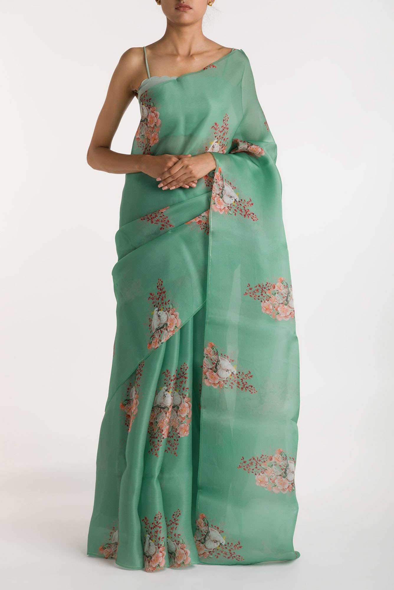Crowned Cockatoo Mint Green Satin Organza Saree