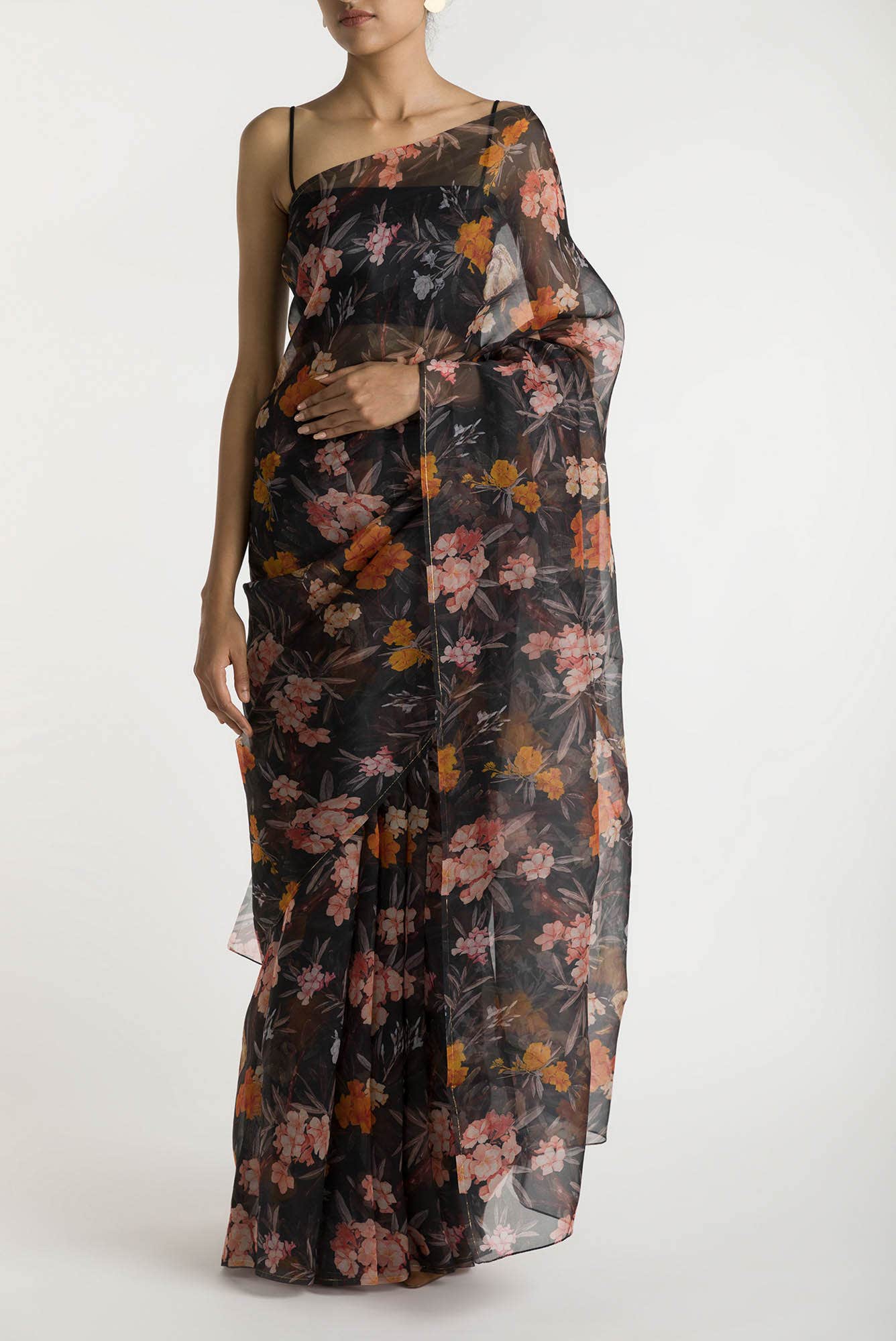 Tropical Parrots Black Pure Organza Silk Saree