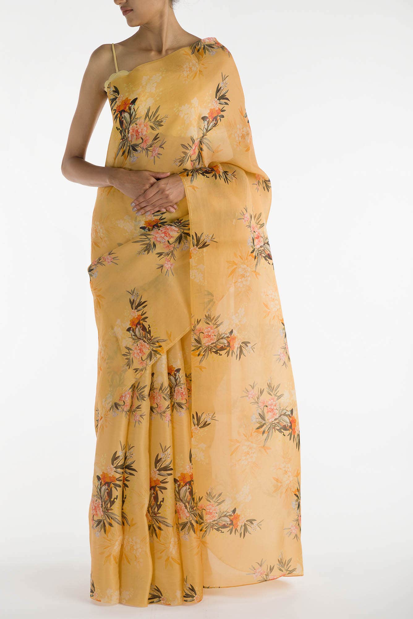 Enigmatic bulbuls Mango Yellow Satin Organza Saree