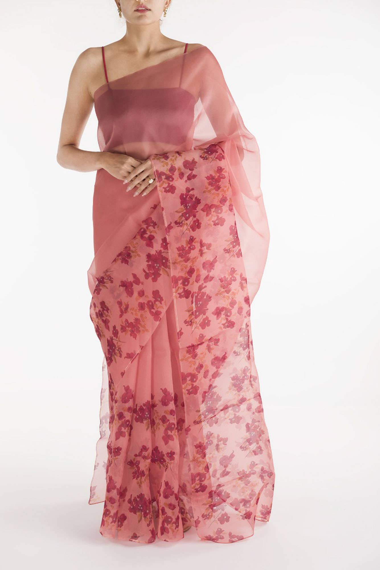 Bougainvillea Vines Peach Pure Organza Silk Saree