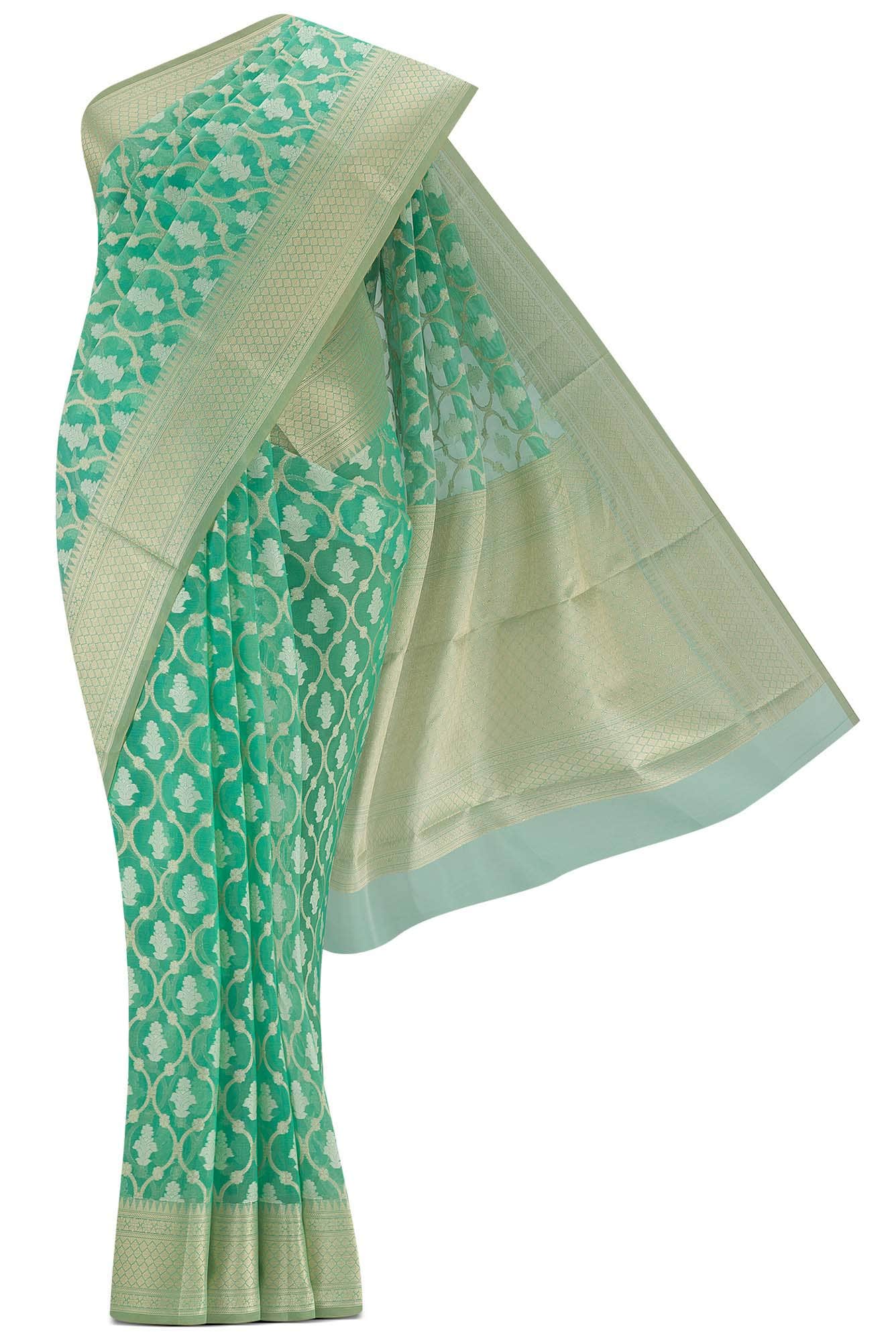 Green Blended Kora Cotton Saree
