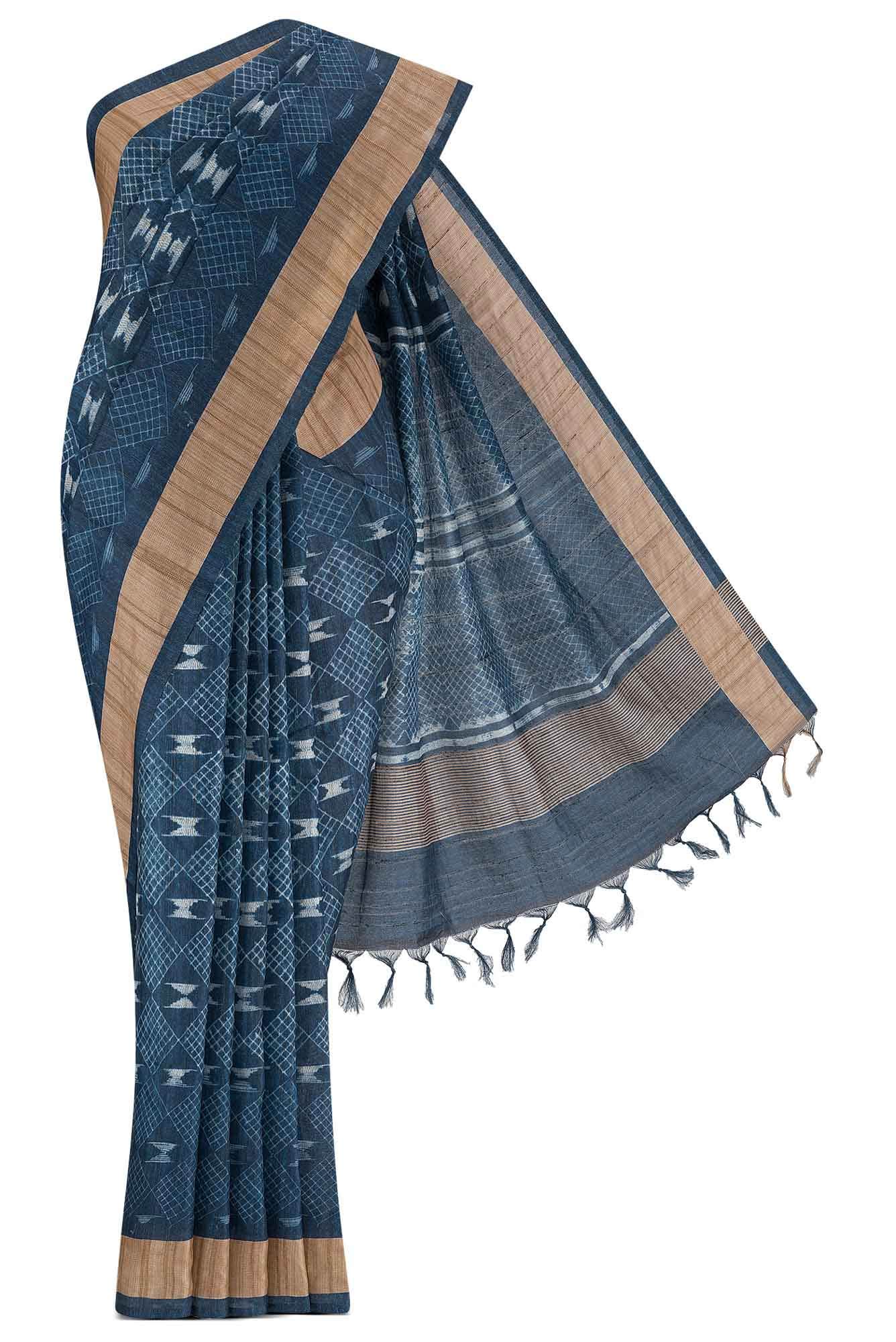 Blue Blended Tussar Silk Saree