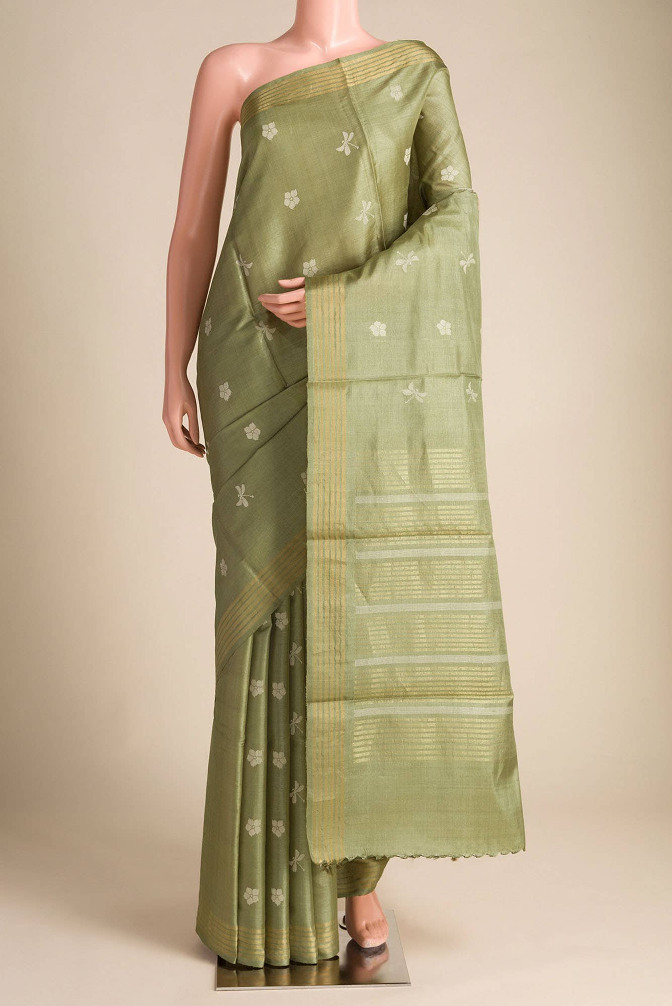 Dance of Dragonfly-Green Bhagalpuri Tussar Silk Saree