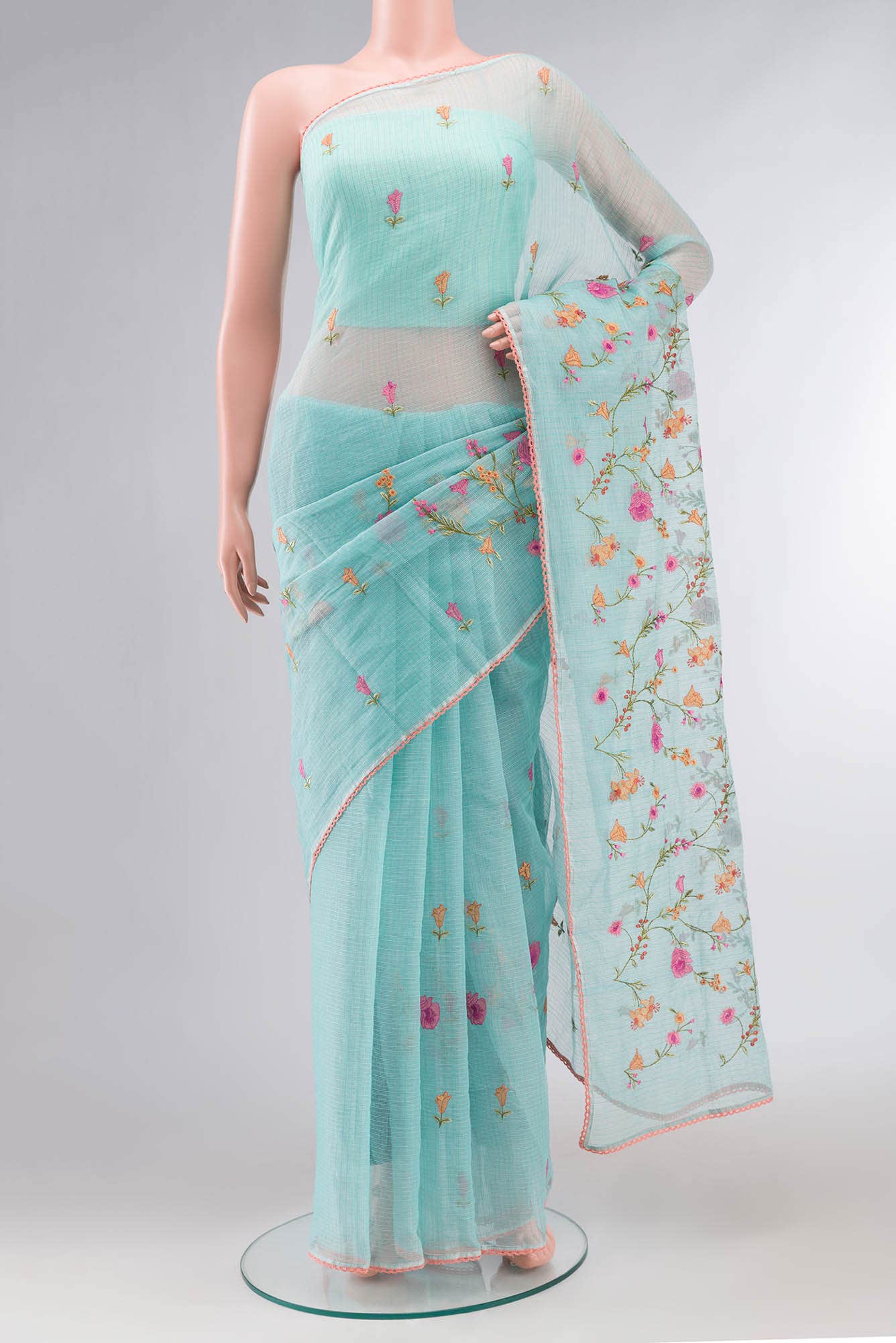Blue Embroidered Kota Cotton Saree