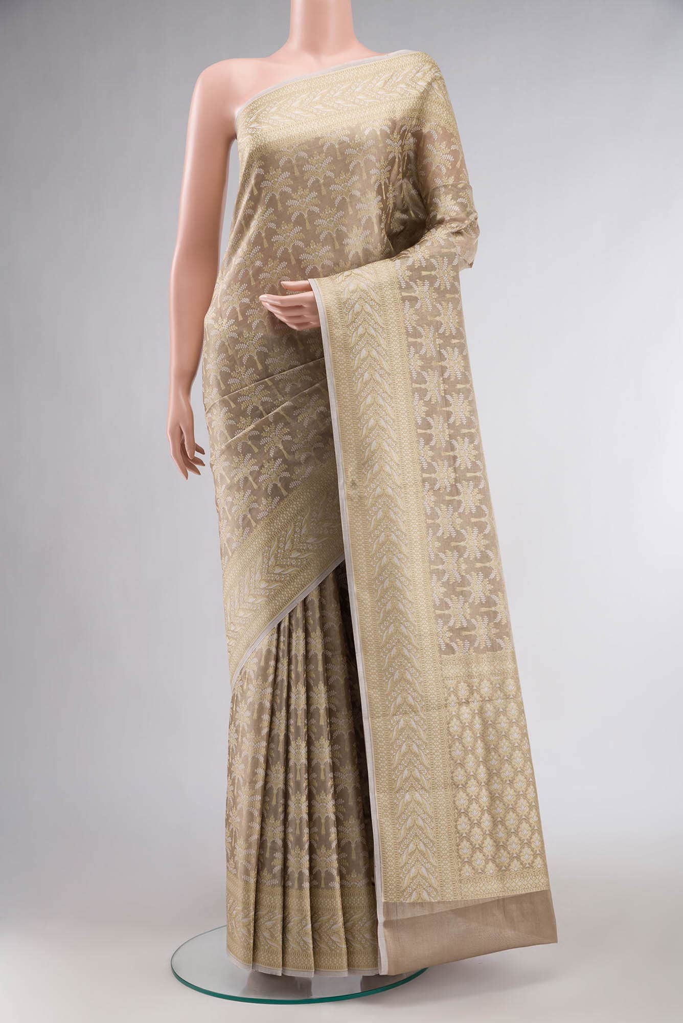 Beige Banarasi Silk Cotton Saree with zari border