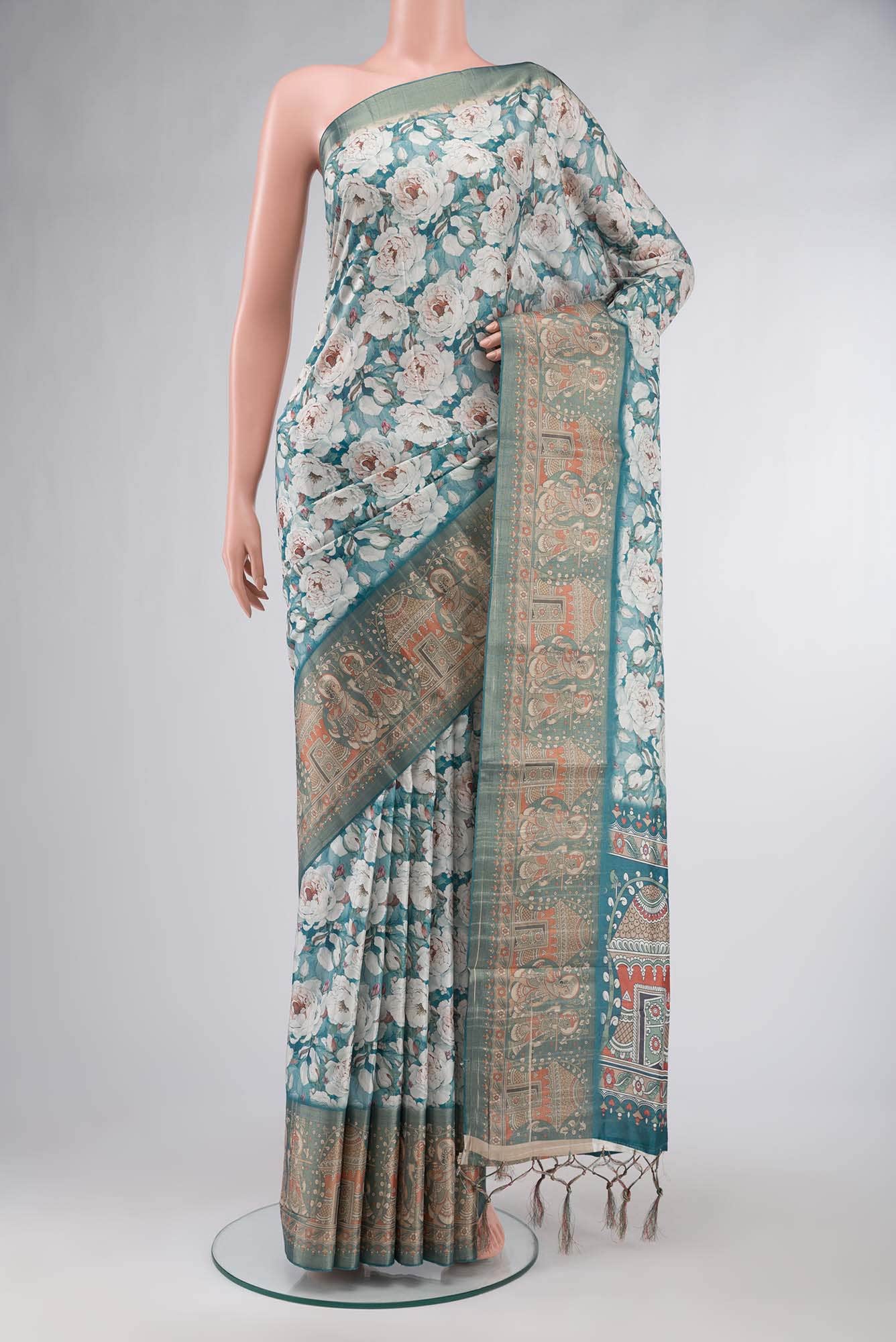 Blue Blended Tussar Silk Saree
