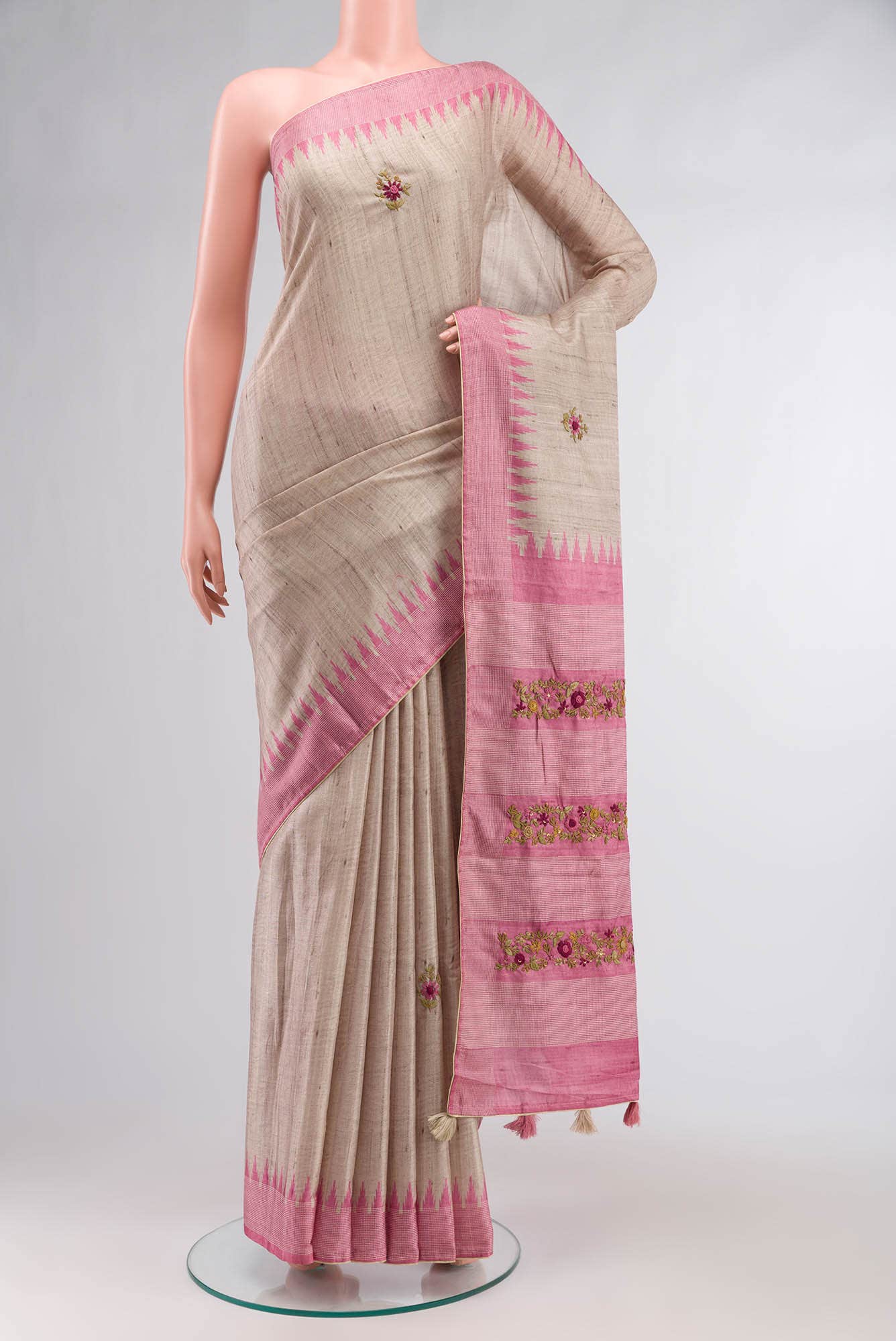 Beige Blended Tussar Silk Saree