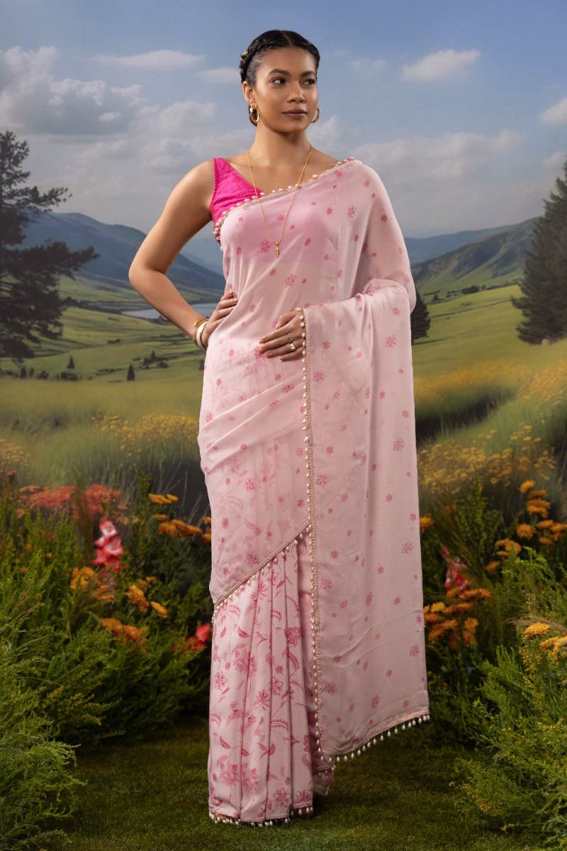 Flower Trails-Pastel Pink Organza Silk Saree