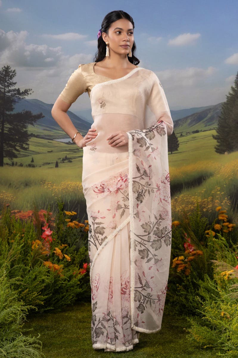 Fields of Crysanthemum-Cream Pure Organza Silk Saree