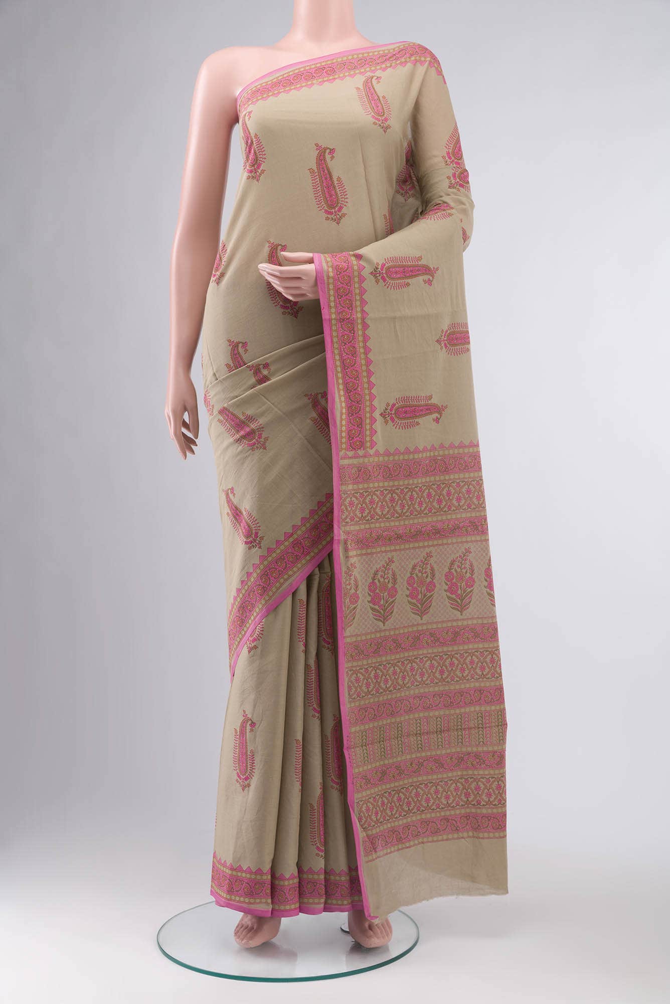 Beige Printed Cotton Saree
