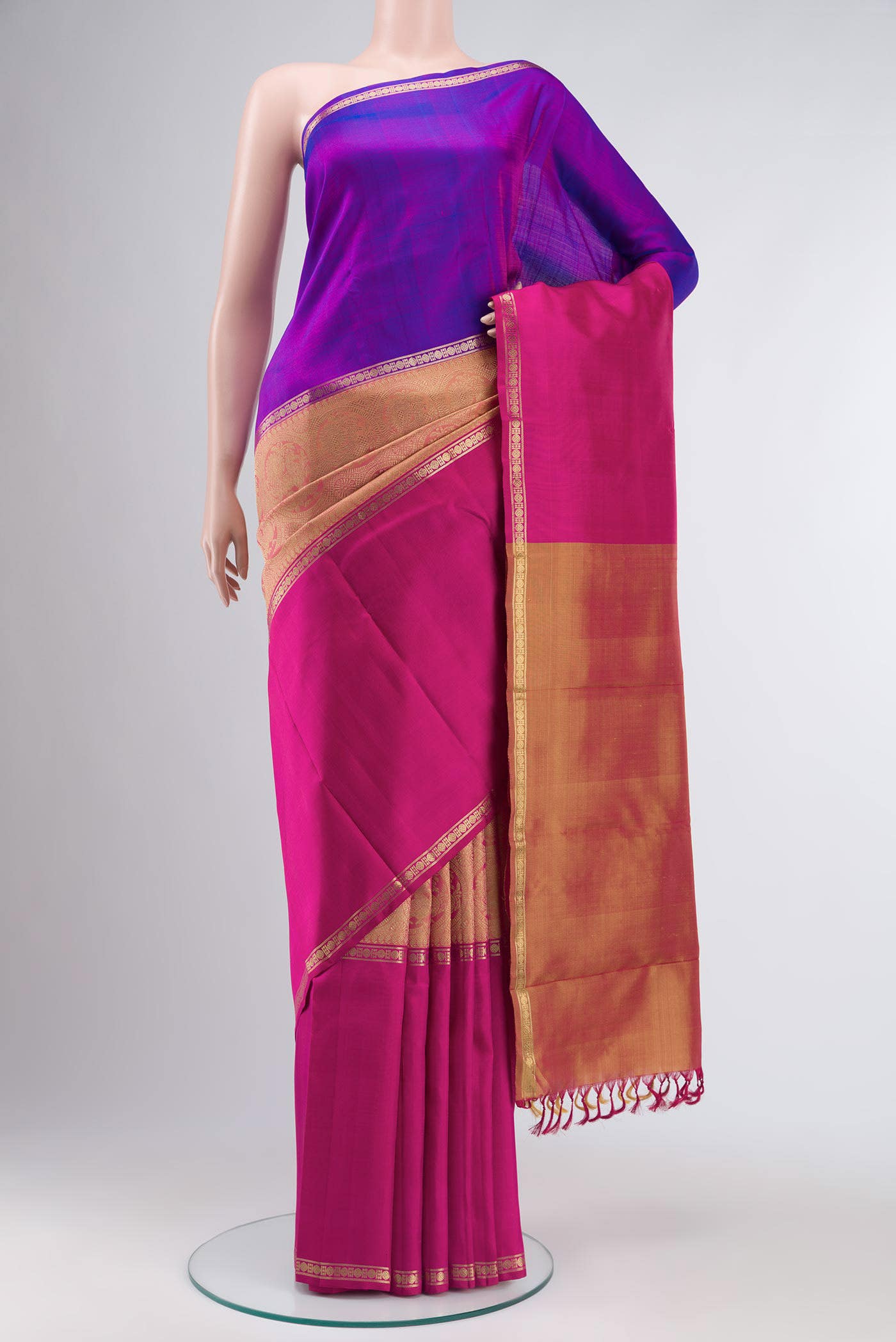 Nritya-Pure Silk Pure Gold Zari Yellow with Pink Dual Tone Kanchipuram Saree
