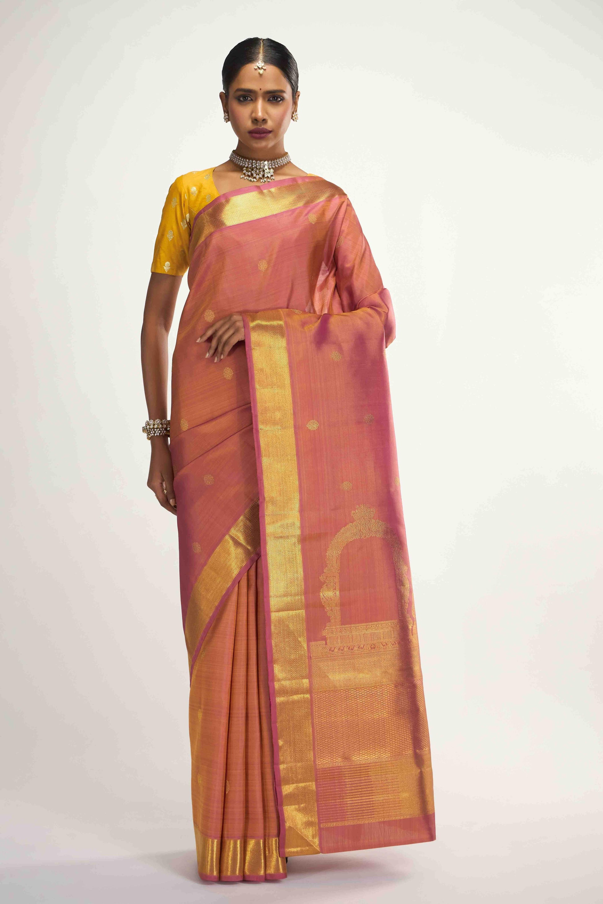 Thiruvakshi-Pure Silk Pure Gold Zari Mustard Yellow with Pink Dual Tone Kanchipuram Saree