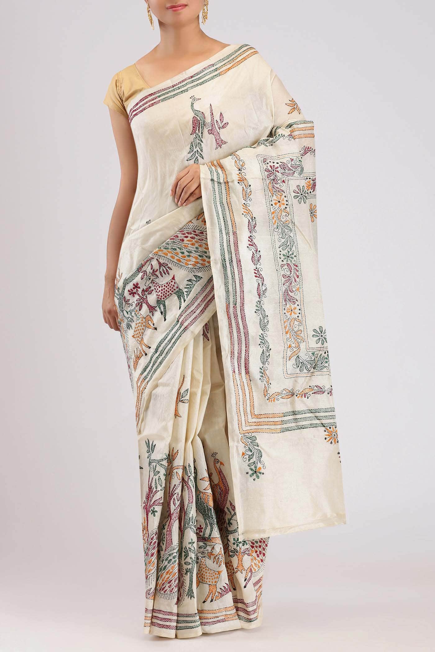 Cream Tussar Silk Saree