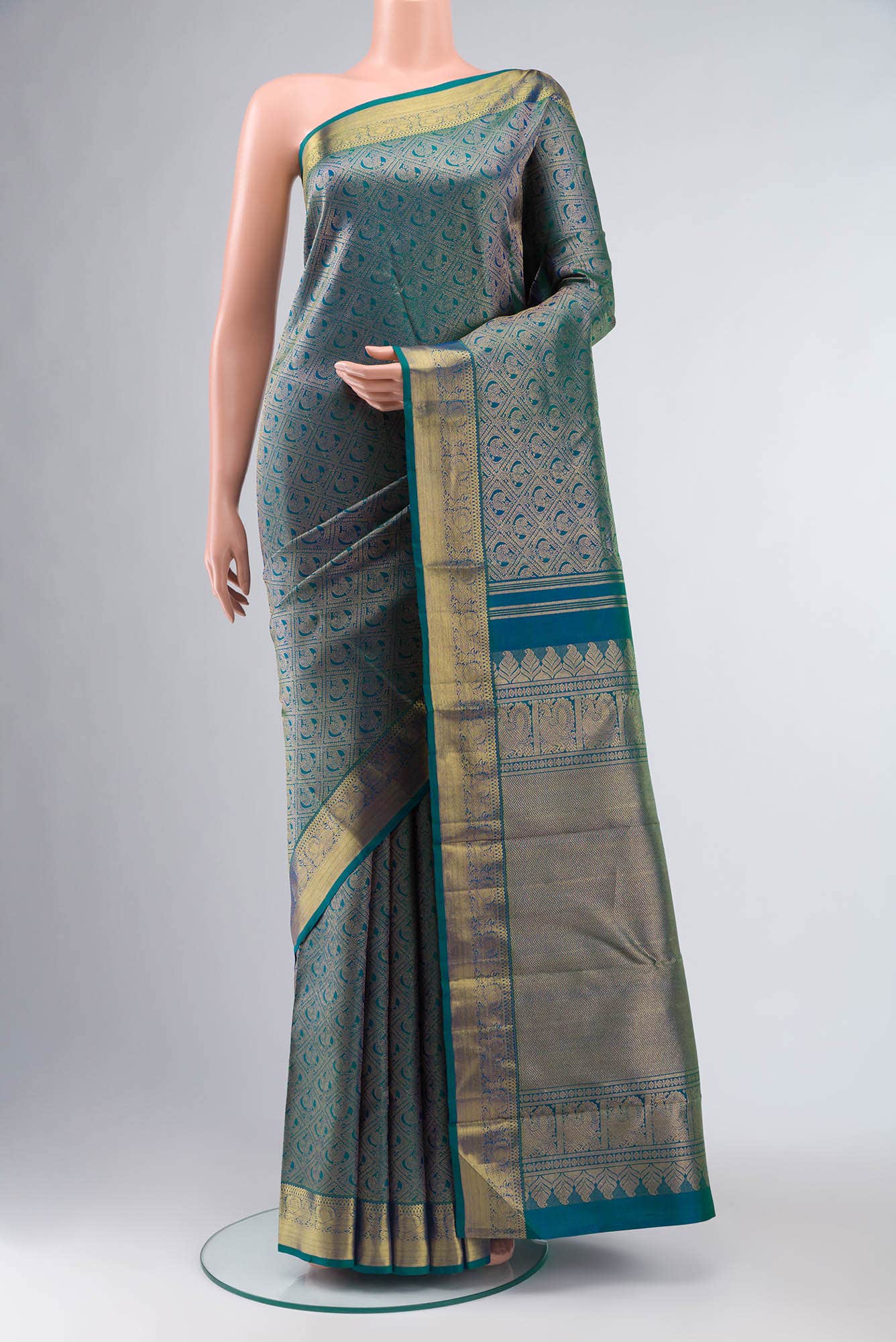 Pure Silk Pure Zari Blue with Green Dual Tone Kanchipuram Saree