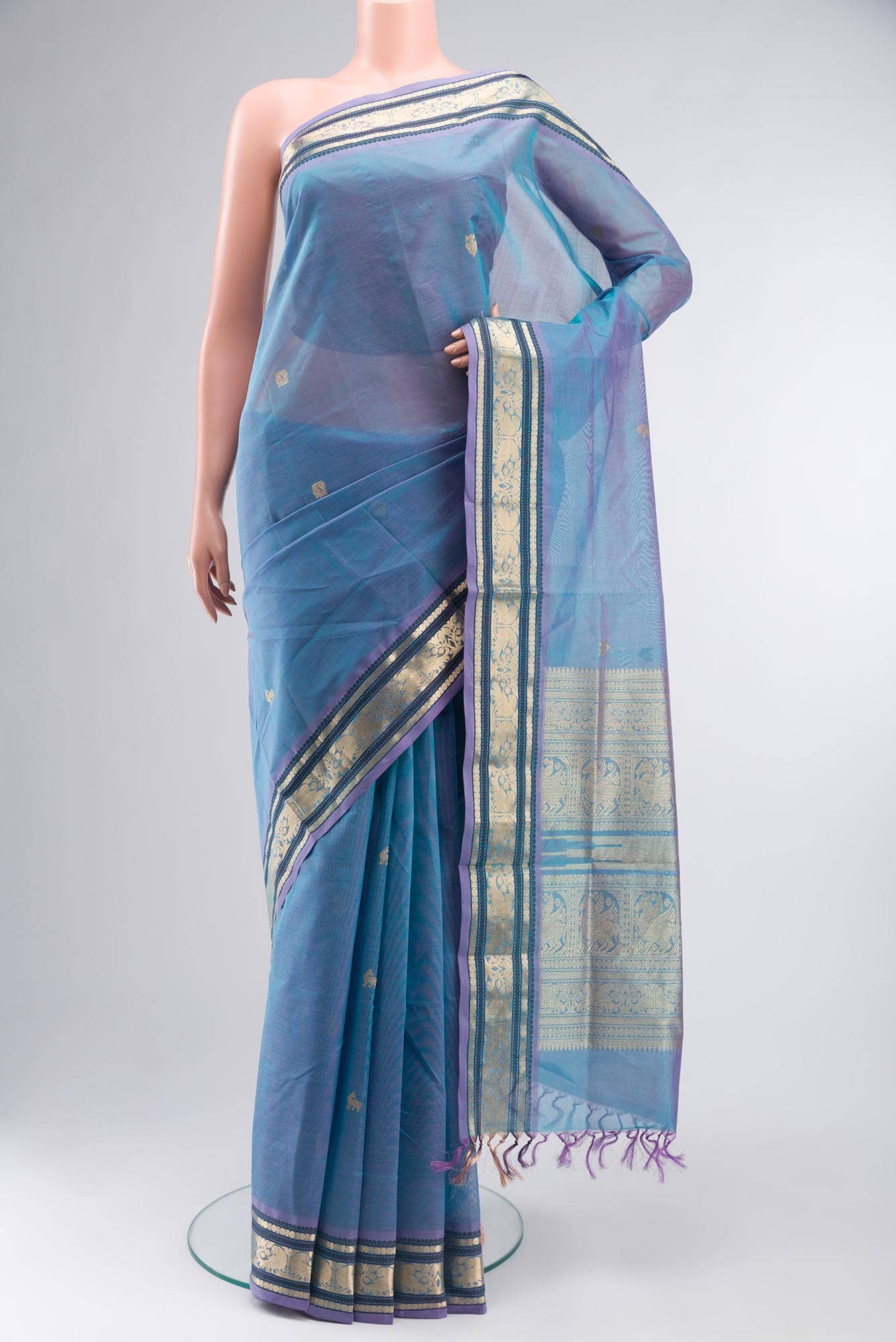 Blue with Lavender Dual Tone Silk Cotton Saree