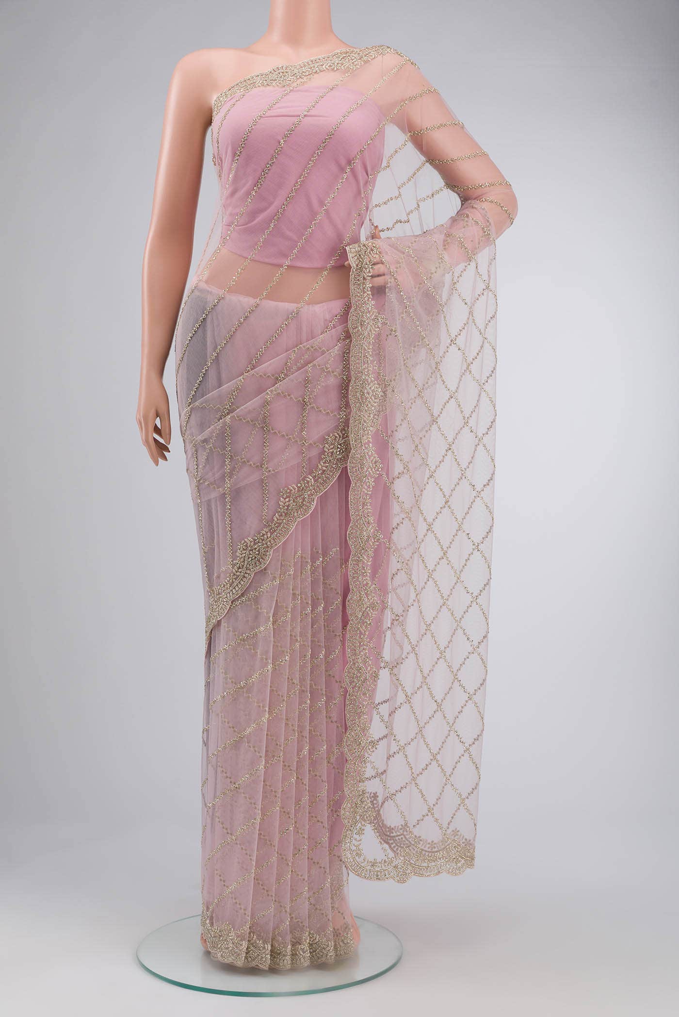 Peach Embroidery Net Saree