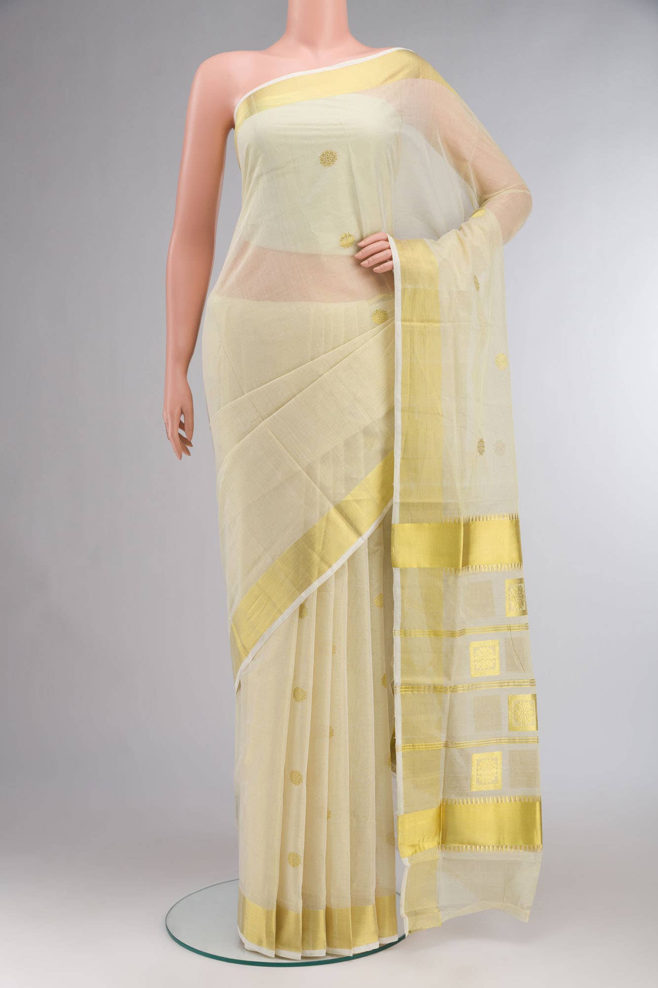 Cream with Gold Dual Tone Kerala Cotton Saree