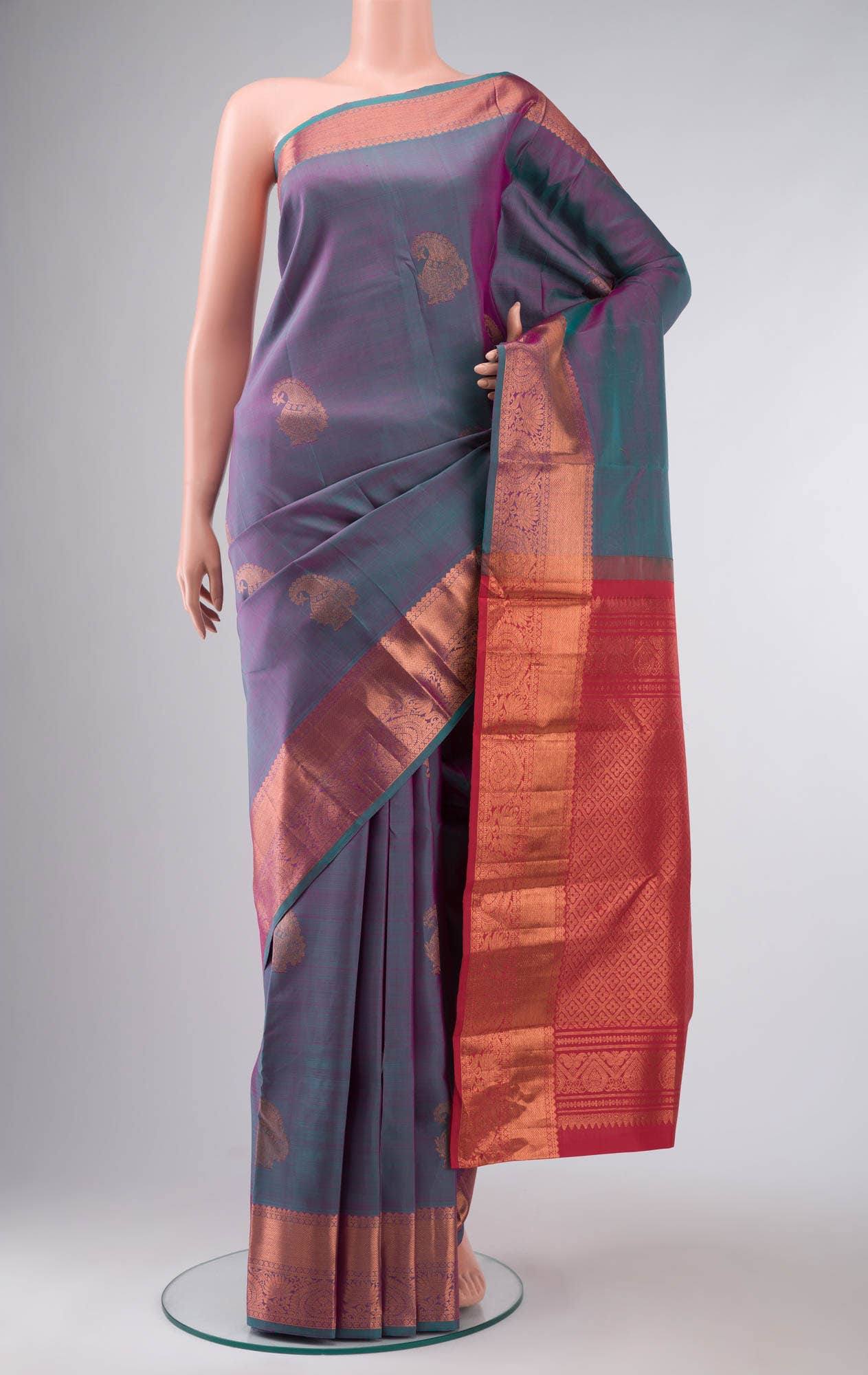 Turquoise with Pink Dual Tone Kanchipuram Silk Saree