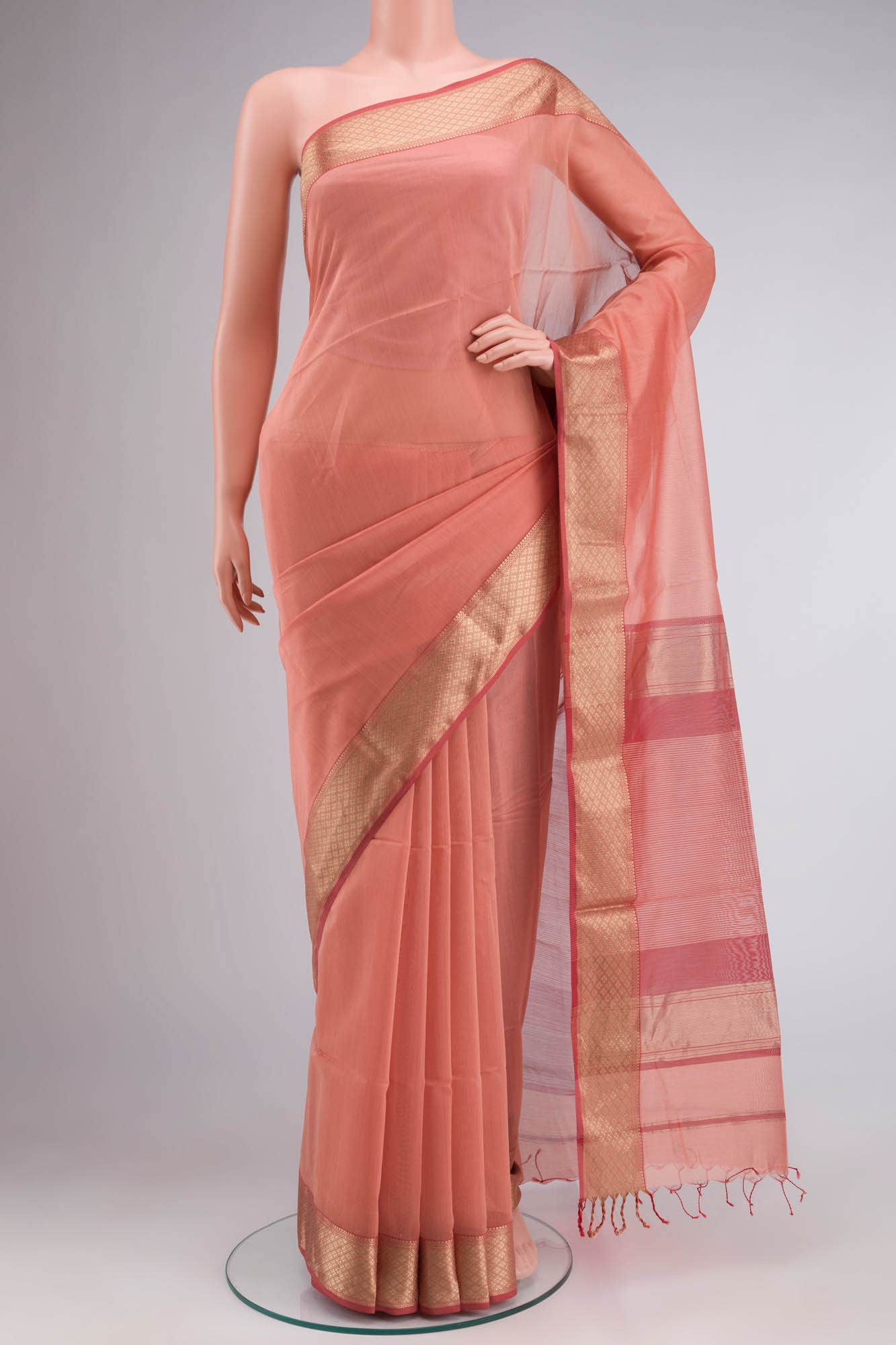 Peach Maheshwari Silk Cotton Saree