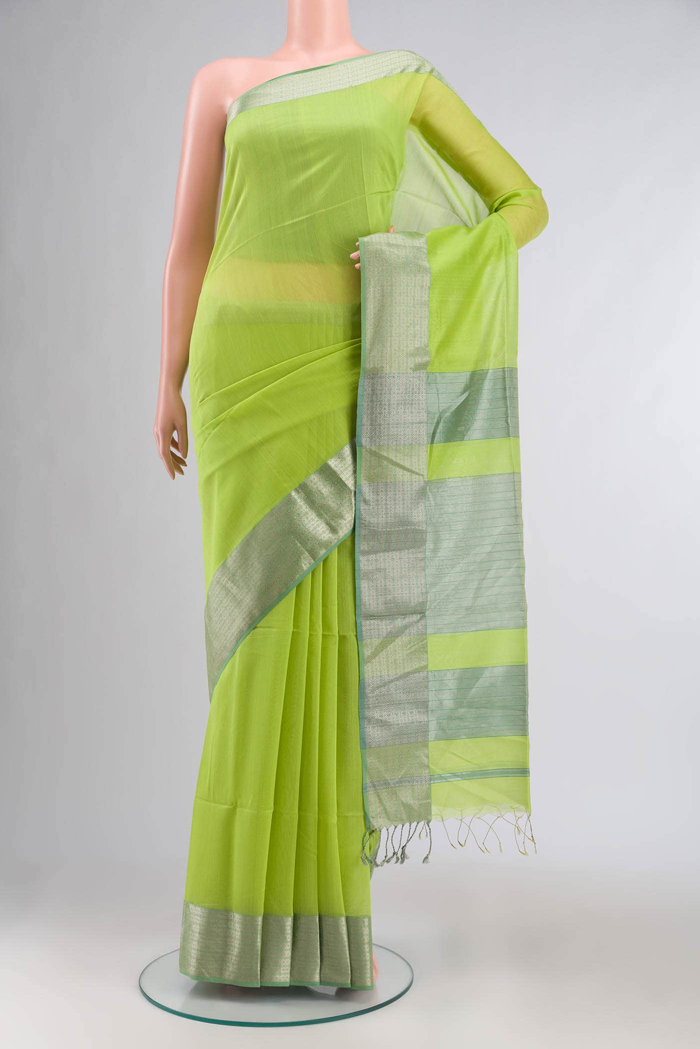 Parrot Green Maheshwari Silk Cotton Saree