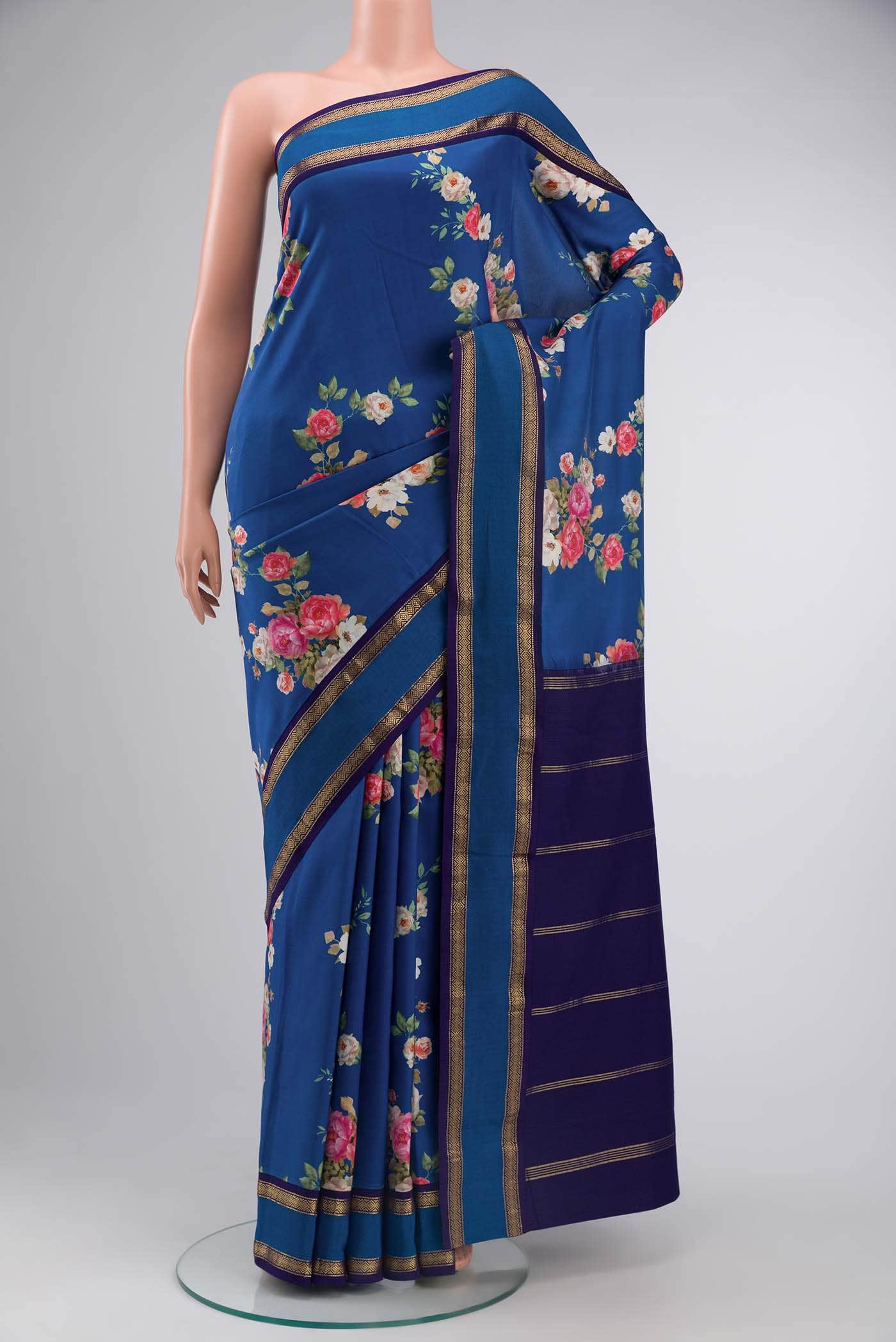 Blue Printed Silk Saree