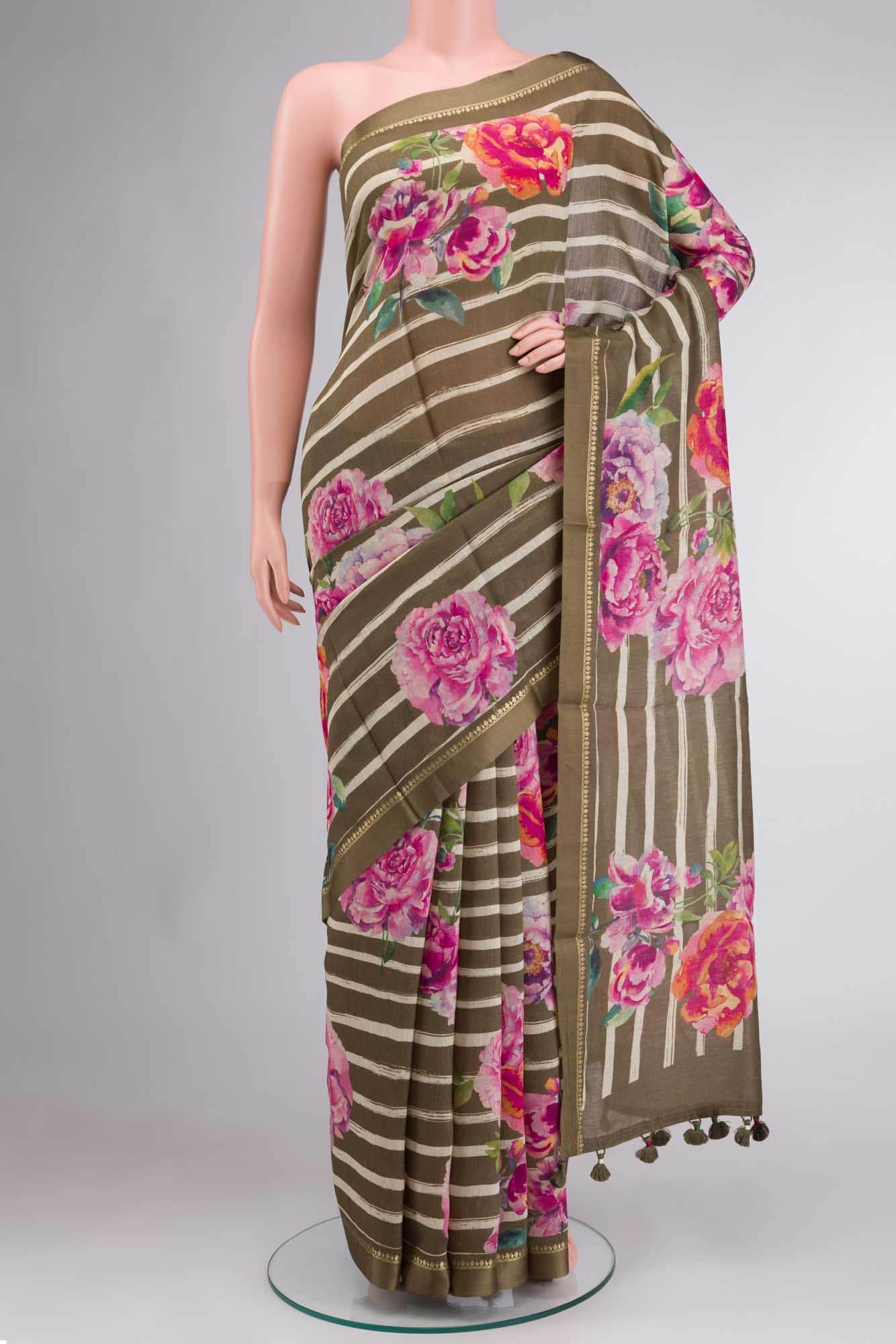 Olive Green Bhagalpuri Tussar Silk Saree