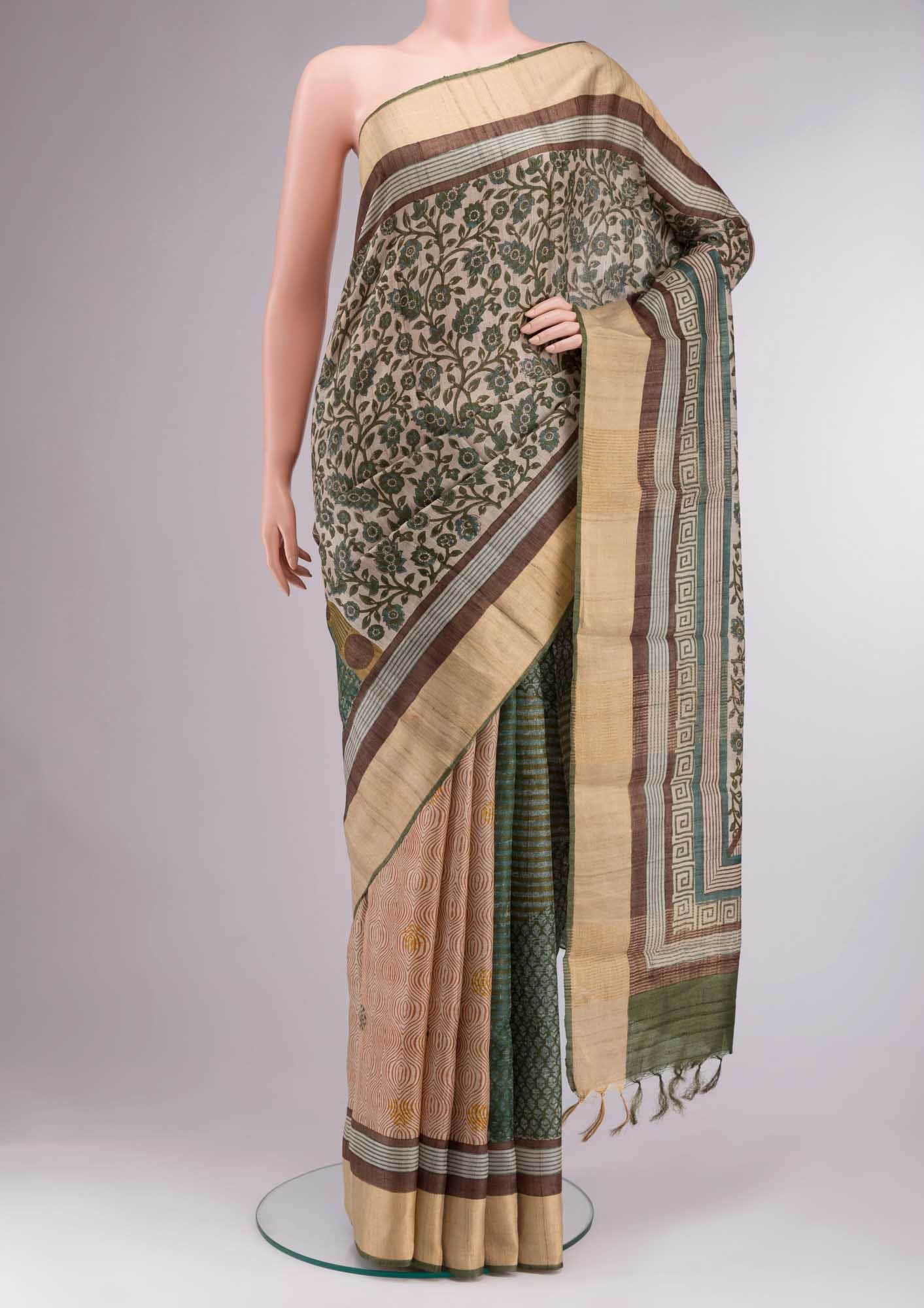Beige Tussar Silk Saree