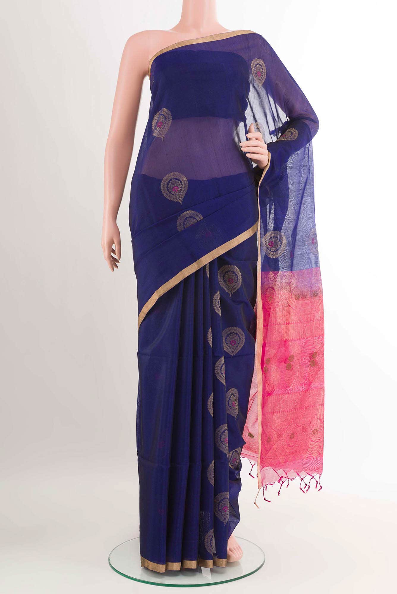 Dark Blue Blended Kora Cotton Saree