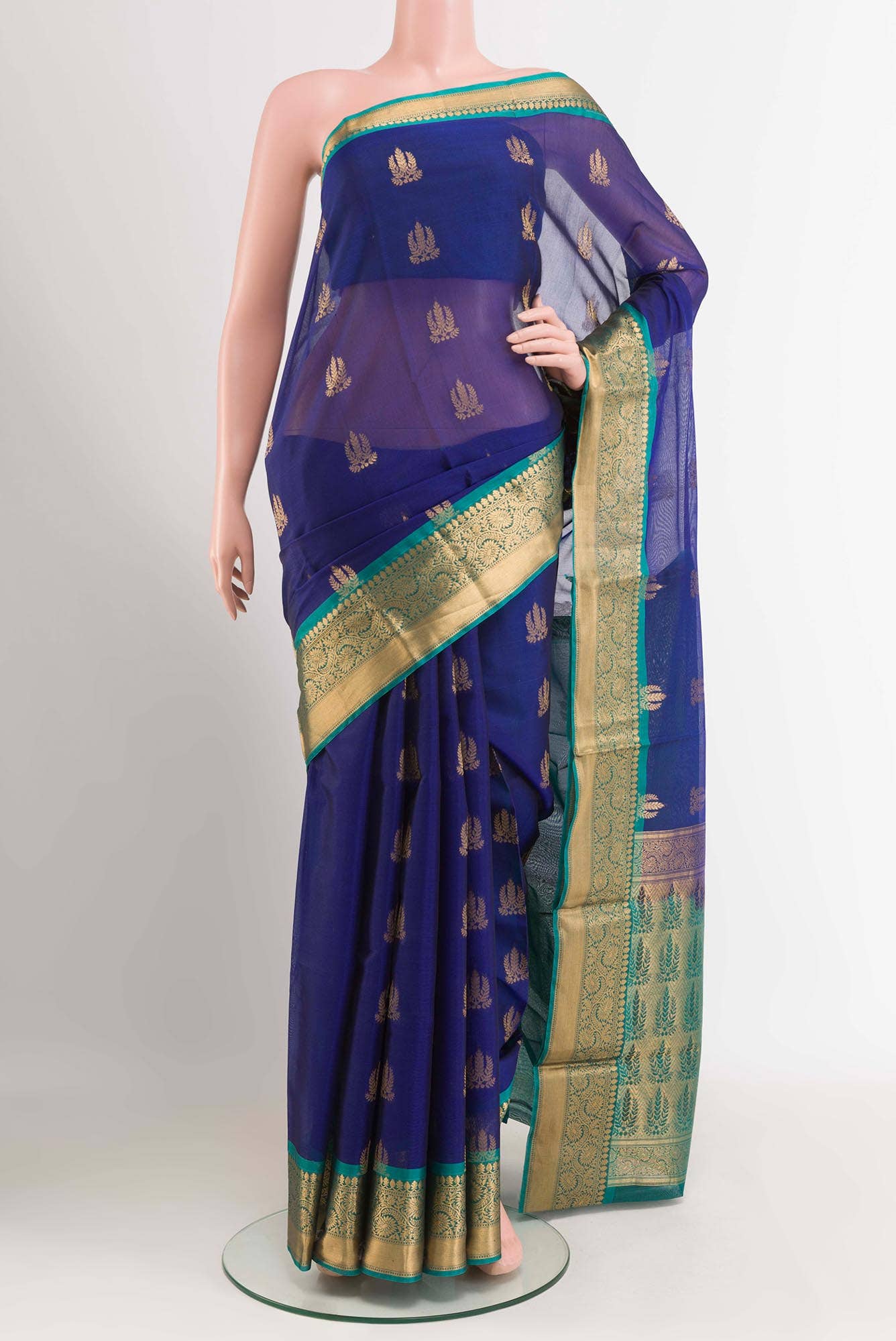 Dark Blue Blended Kora Cotton Saree