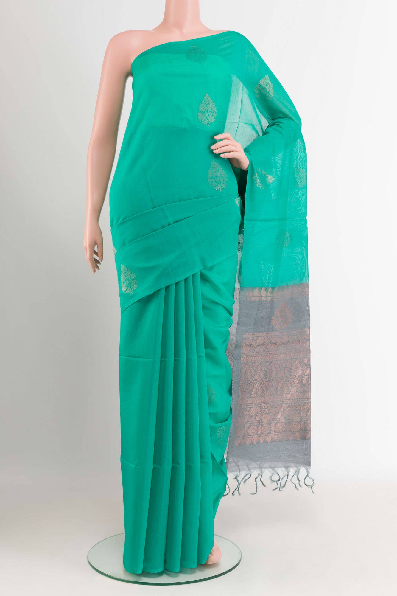 Green Blended Kora Cotton Saree