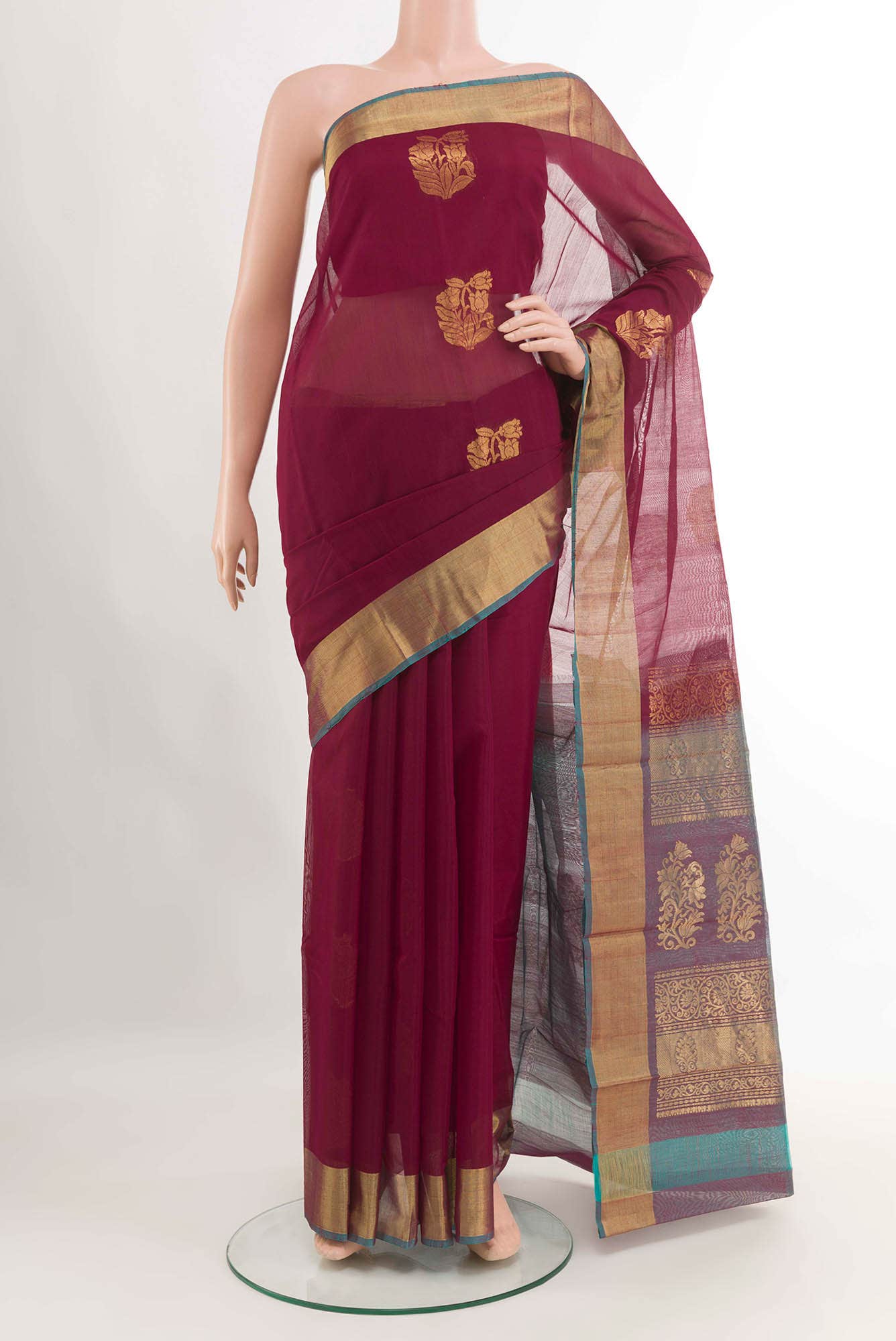 Maroon Dual Tone Blended Kora Cotton Saree