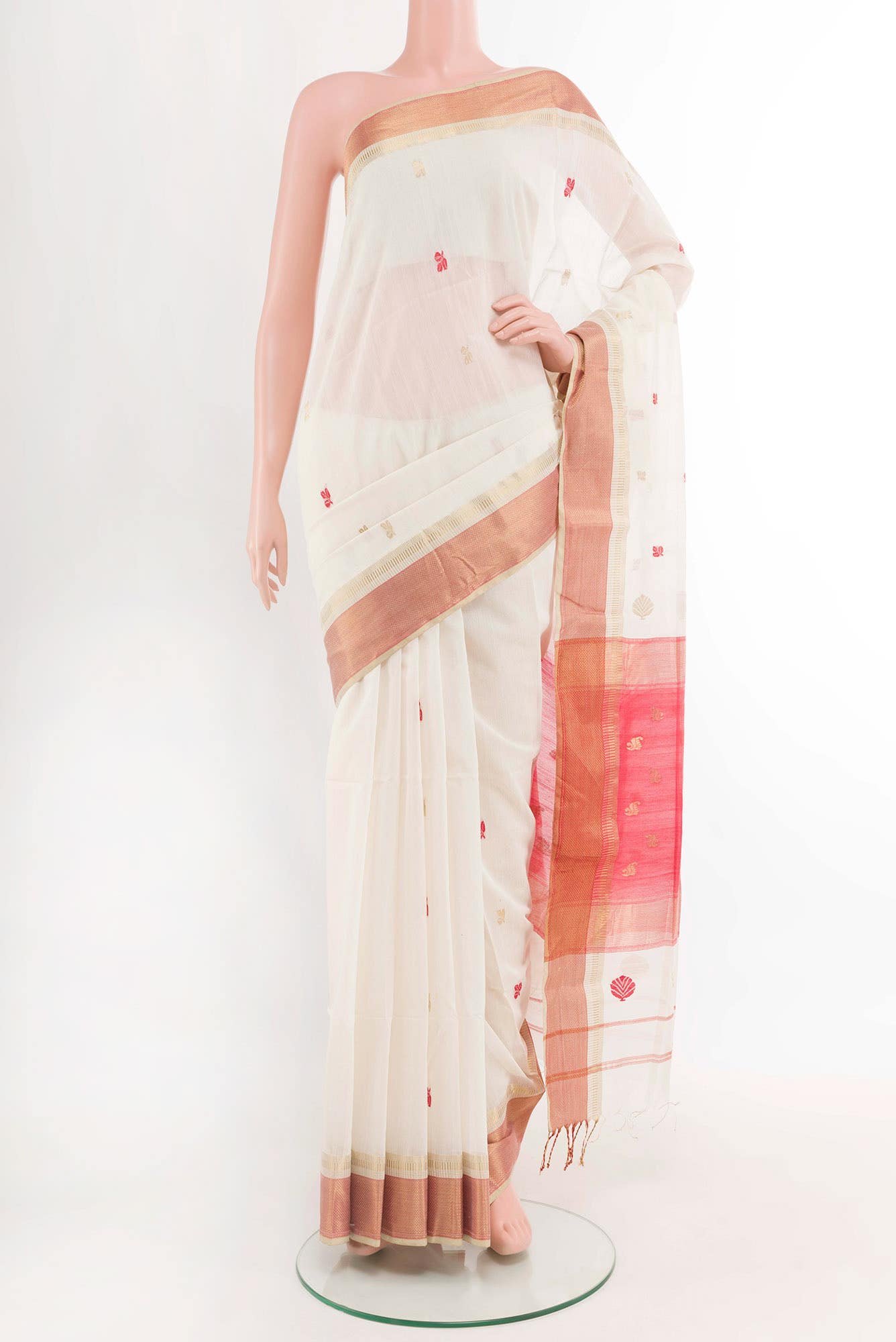 Off White Blended Maheshwari Silk Cotton Saree