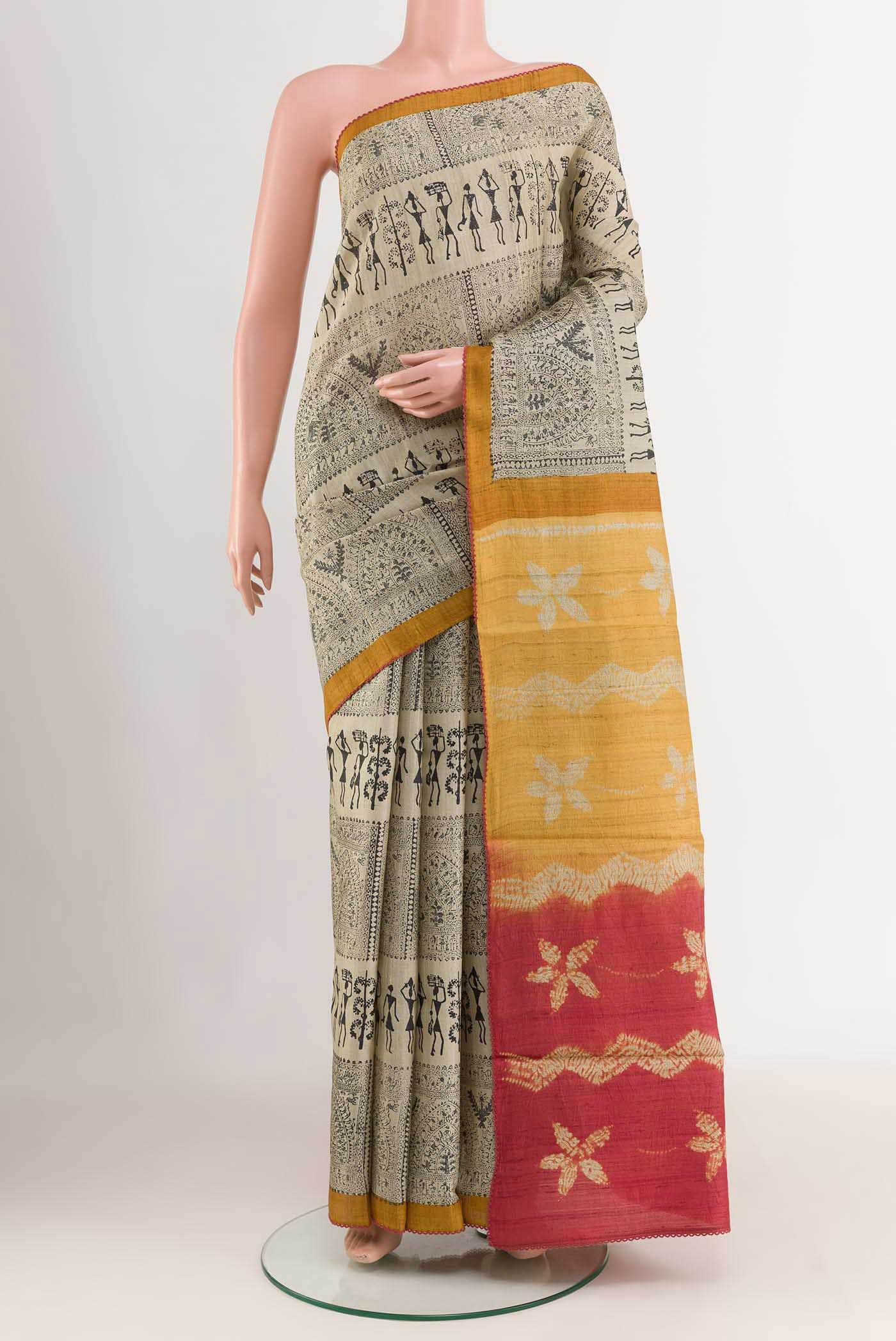 Beige Tussar Silk Saree