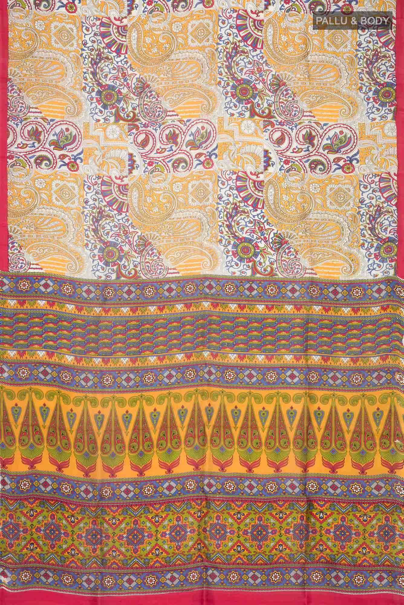 Cream Printed Silk Saree