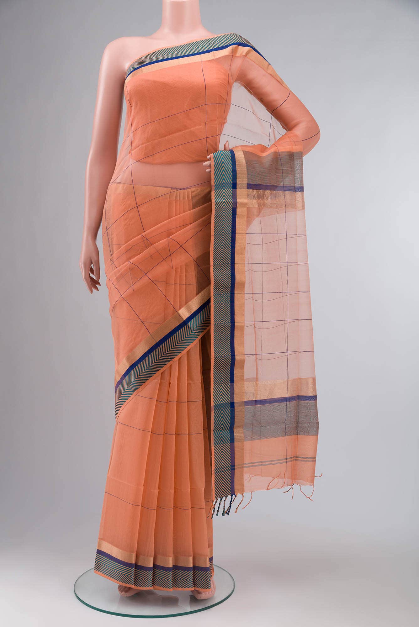 Peach Maheshwari Silk Cotton Saree