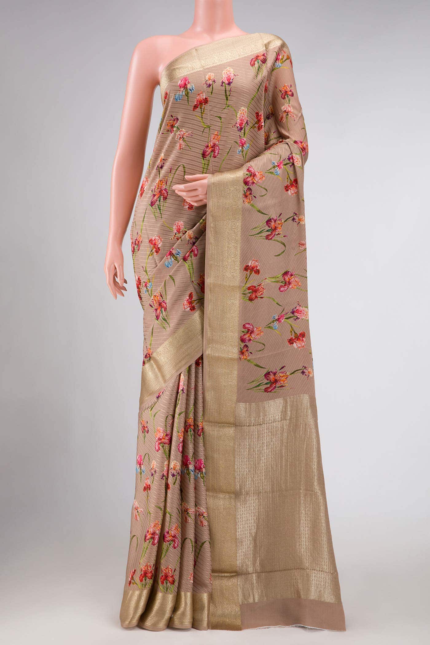 Dark Beige Dual Tone Mysore Crepe Saree