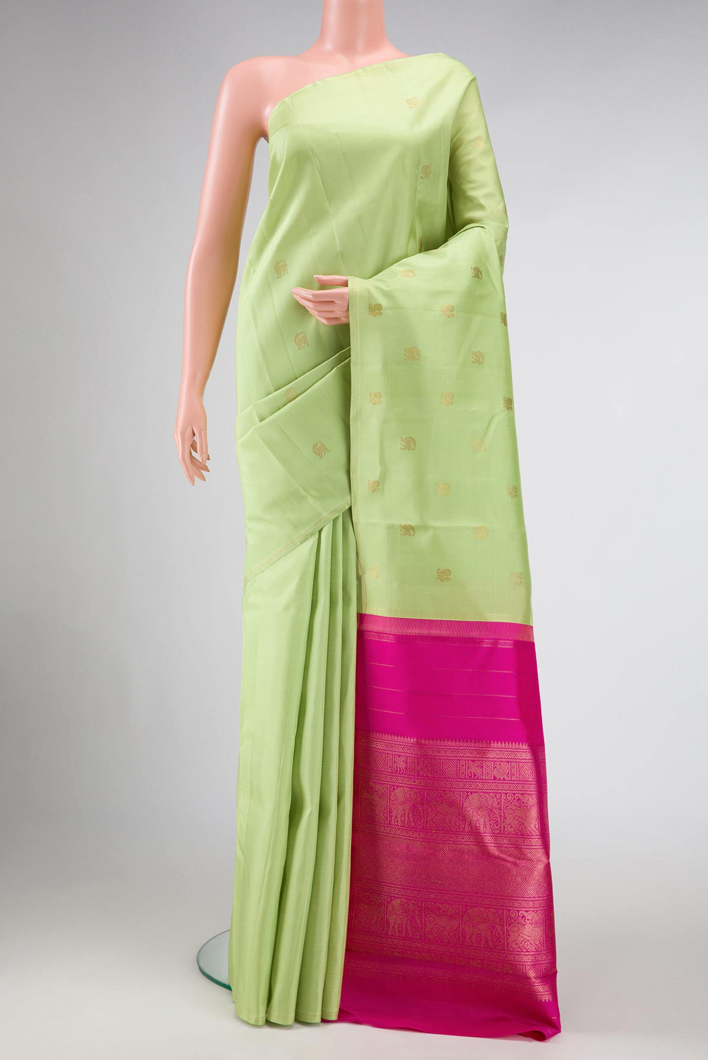 Pure Silk Pure Zari Pista Green Dual Tone Kanchipuram Saree