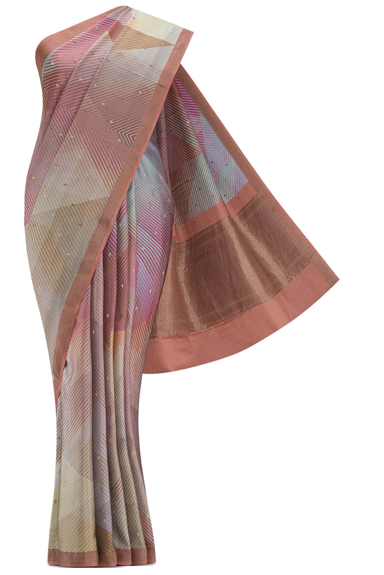 Maroon Pink and Blue Dual Tone Mysore Crepe Sareenf2767169