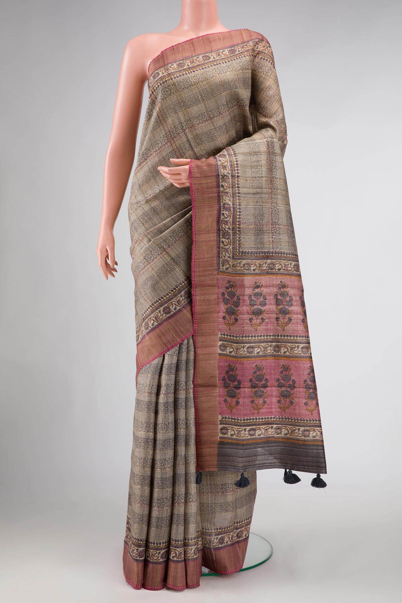 Dark Beige Tussar Silk Saree