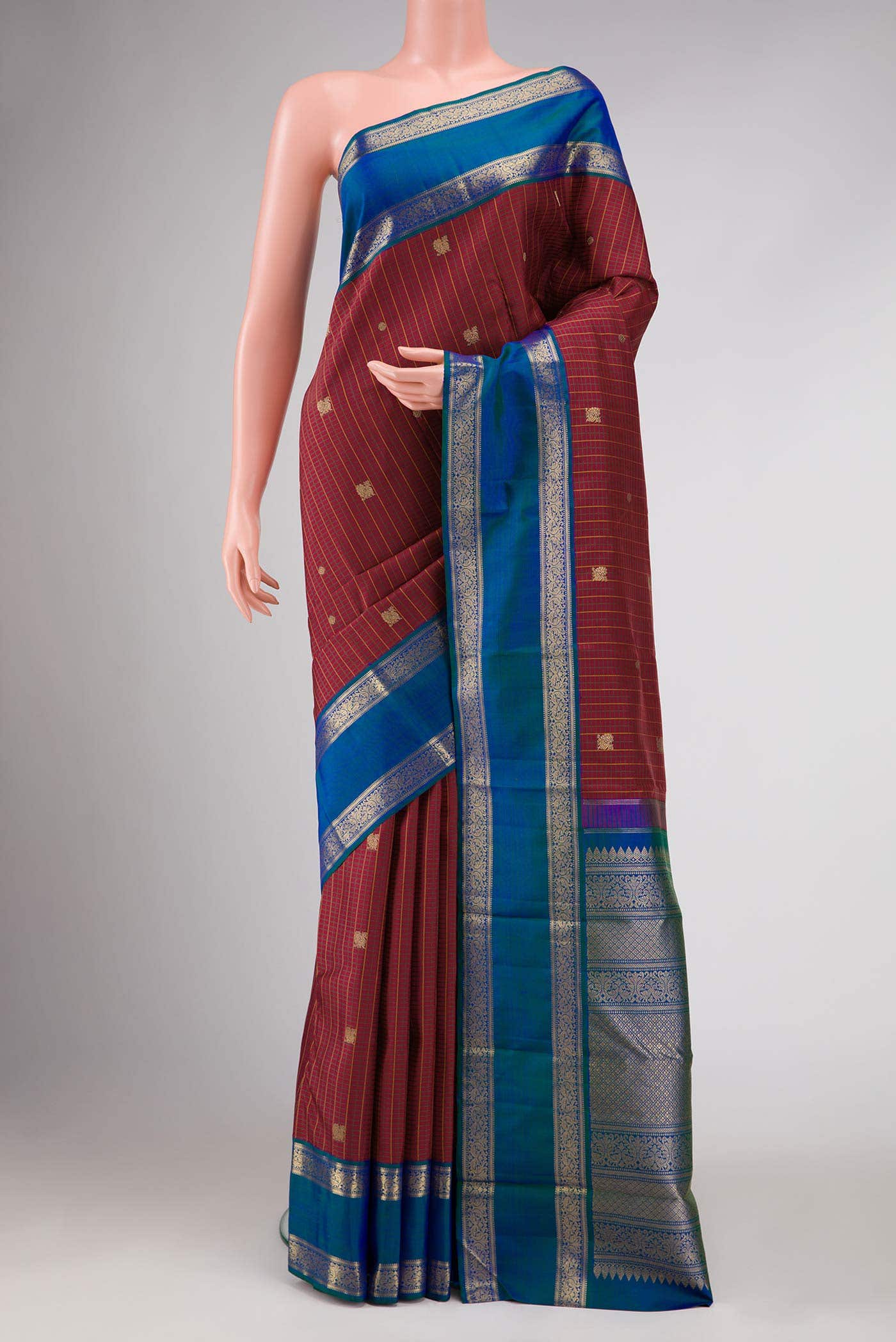 Pure Silk Pure Zari Maroon Dual Tone Kanchipuram Saree
