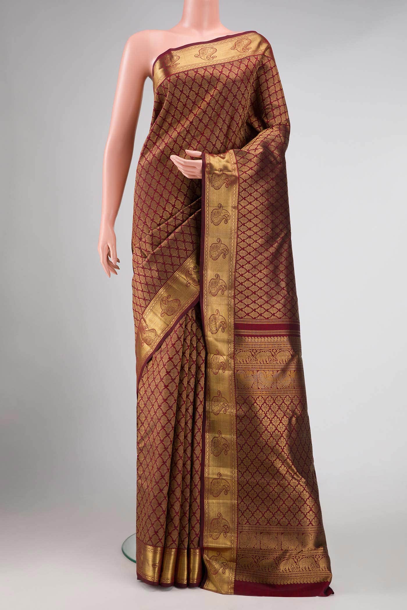 Pure Silk Pure Zari Maroon Dual Tone Kanchipuram Saree