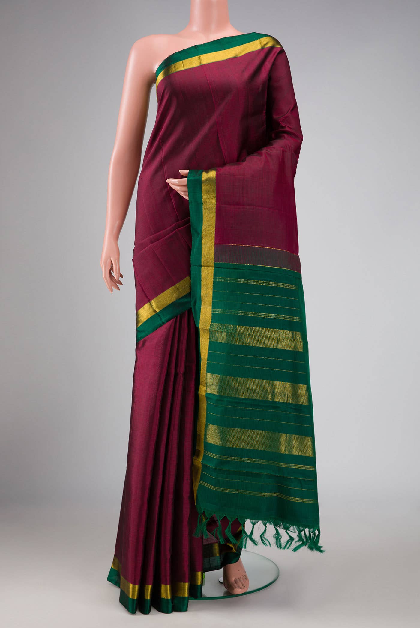 Pure Silk Pure Zari Burgundy Dual Tone Kanchipuram Saree