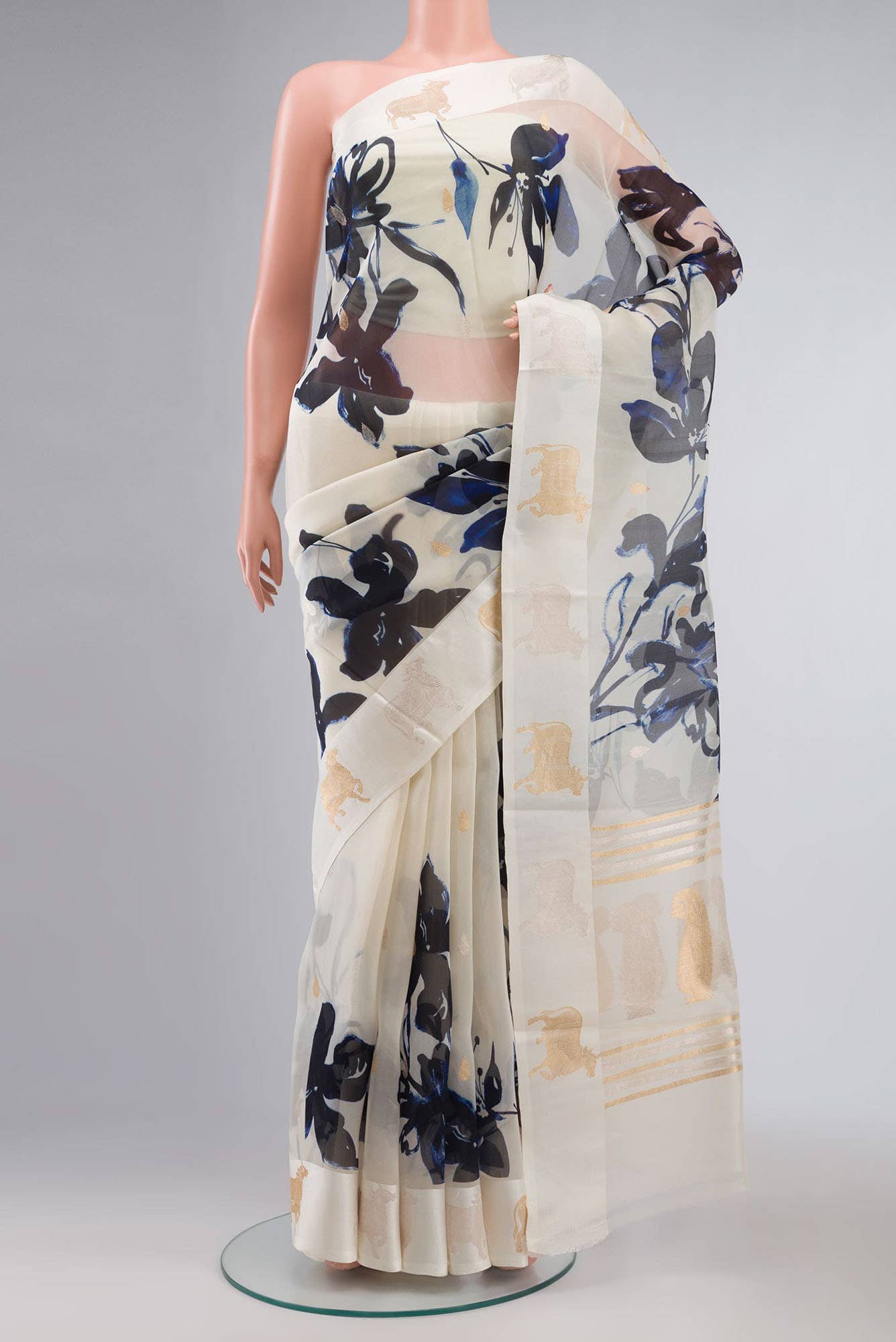 Cream Organza Silk Saree