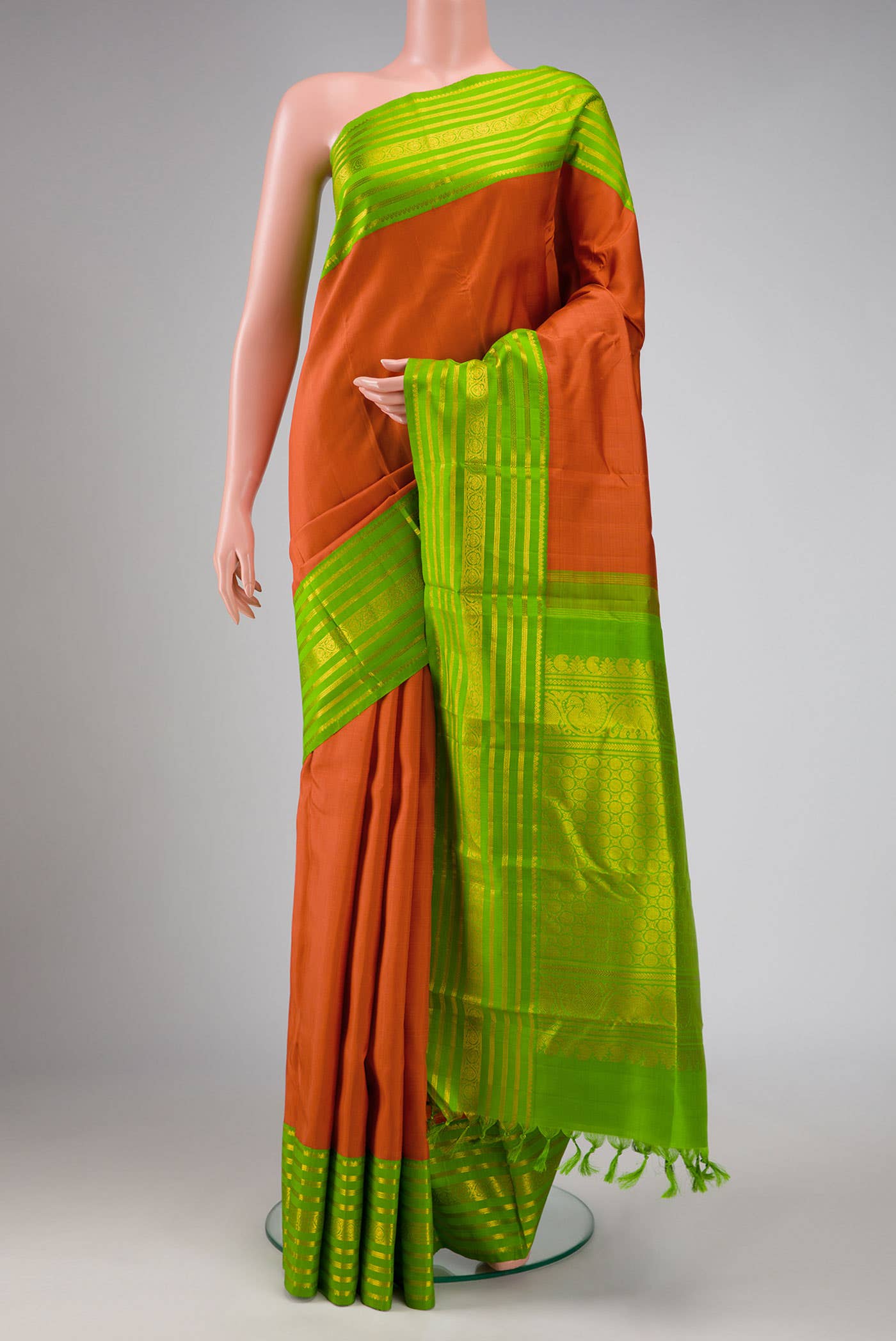 Pure Silk Pure Zari Brick Orange Dual Tone Kanchipuram Saree