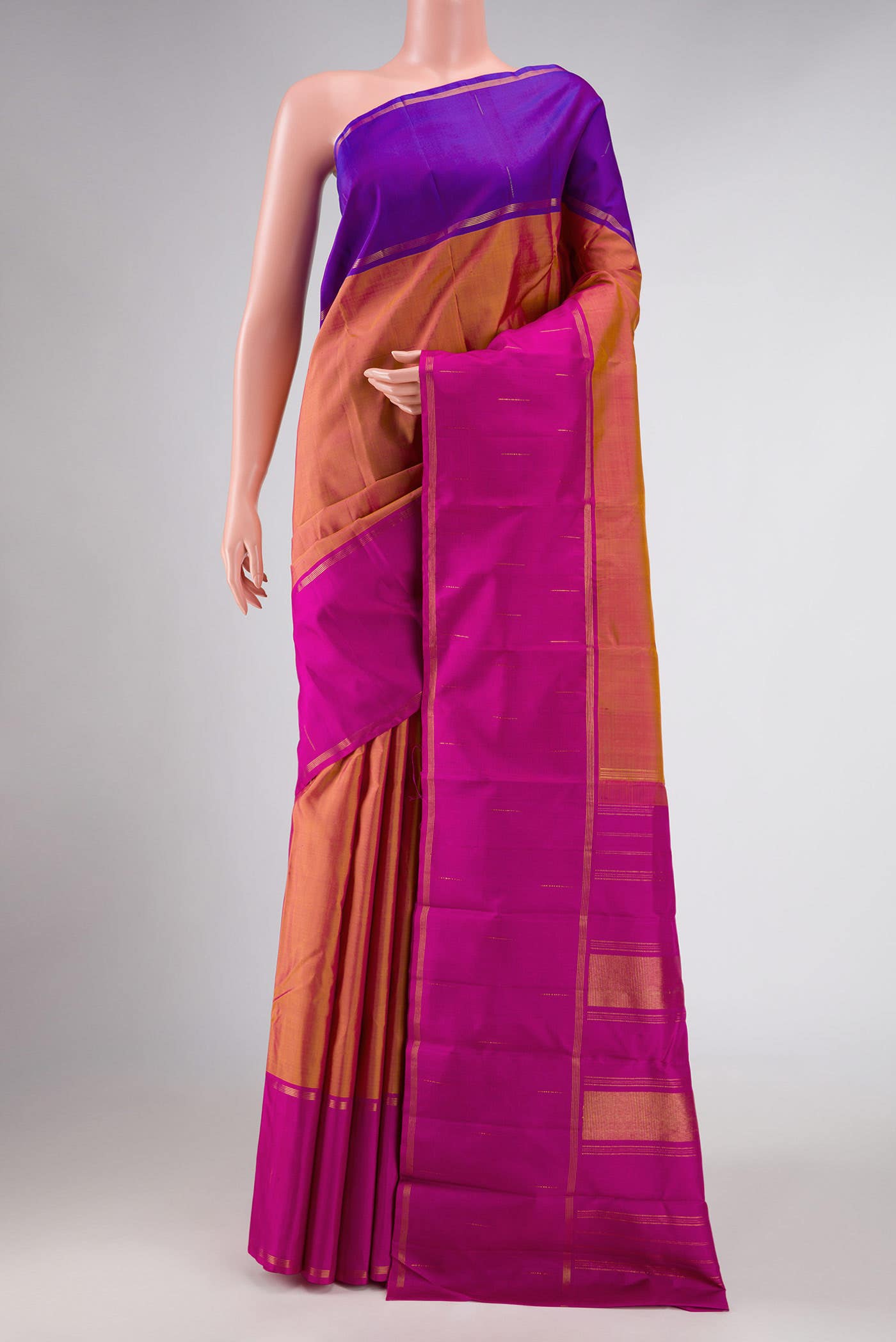 Pure Silk Pure Zari Brick Orange Dual Tone Kanchipuram Saree