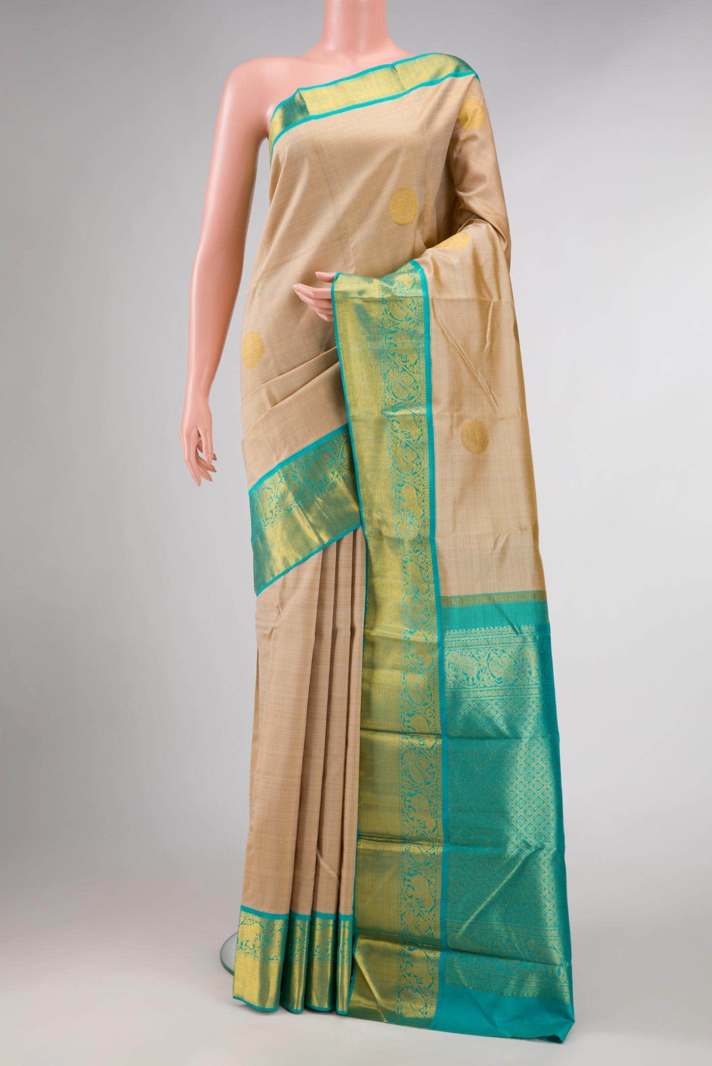 Pure Silk Pure Zari Beige Dual Tone Kanchipuram Saree