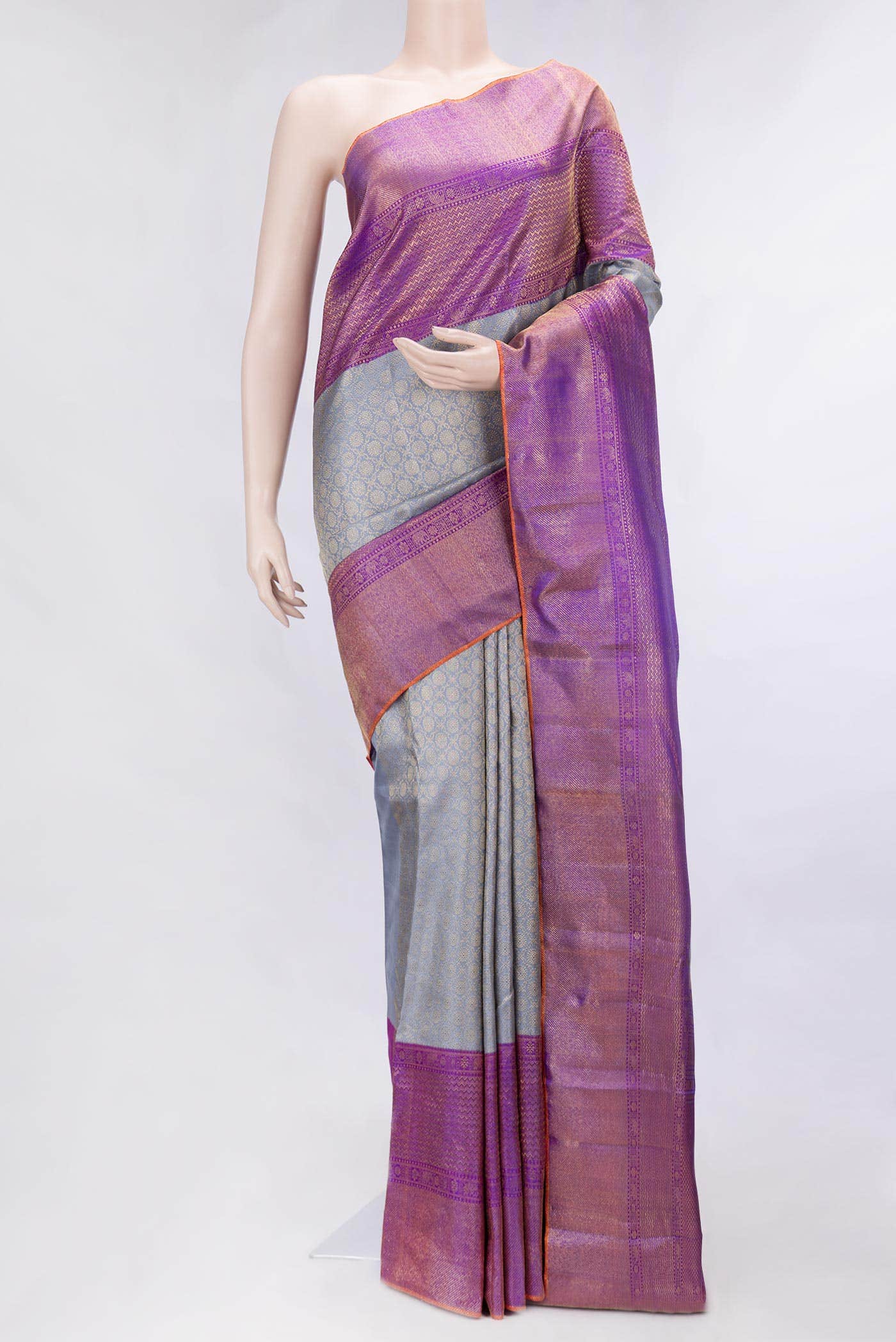 Pure Silk Pure Zari Grey Dual Tone Kanchipuram Saree