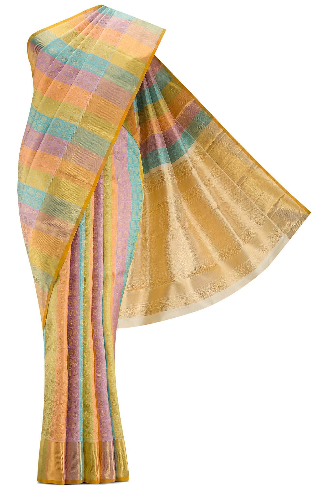 Sandal|Peach|Blue and Pista Green Dual Tone Kanchipuram Silk Saree