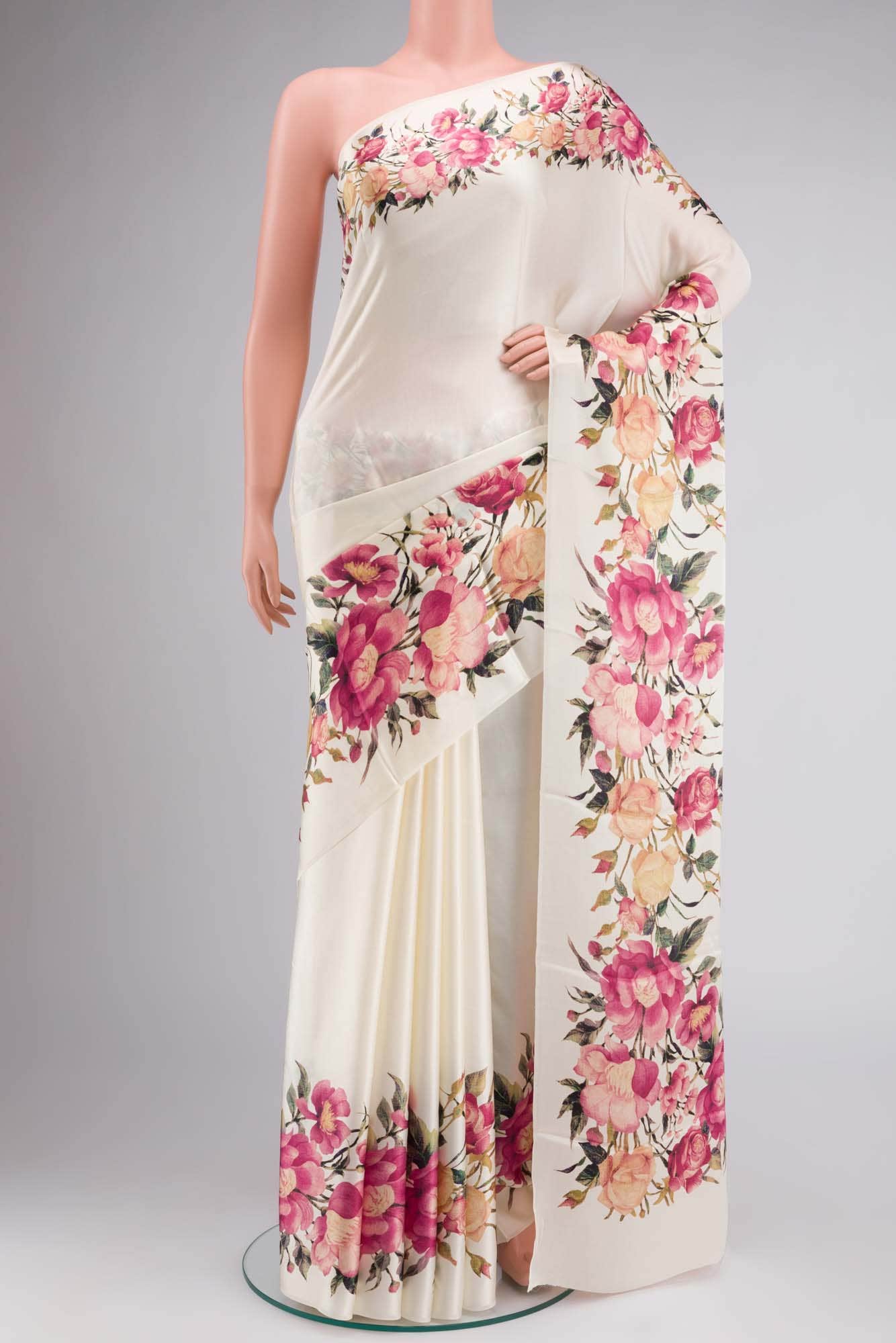 Cream Satin Silk Saree