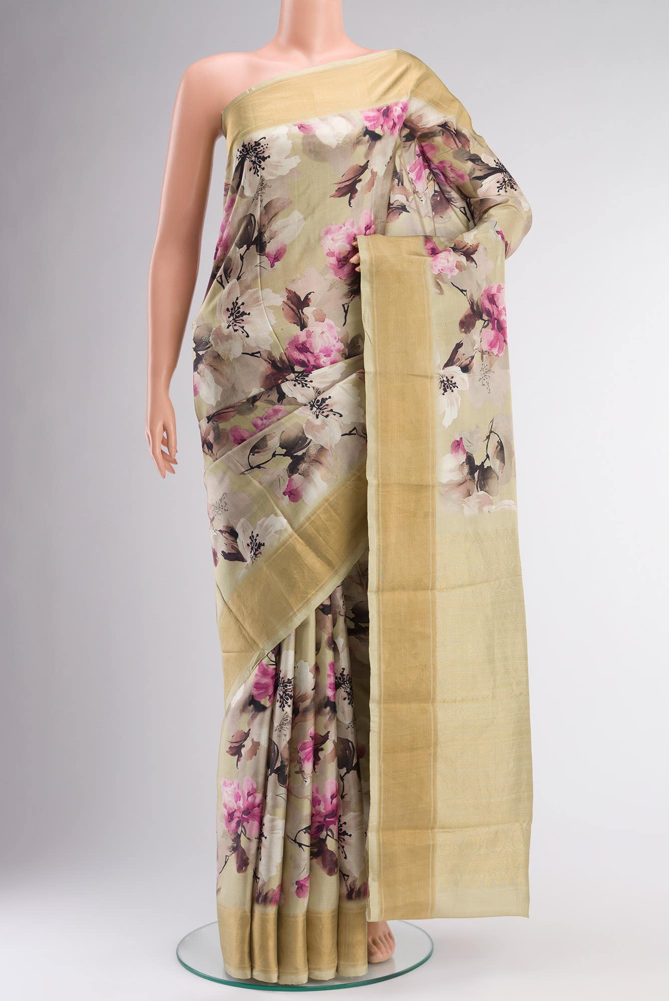 Beige Printed Silk Saree
